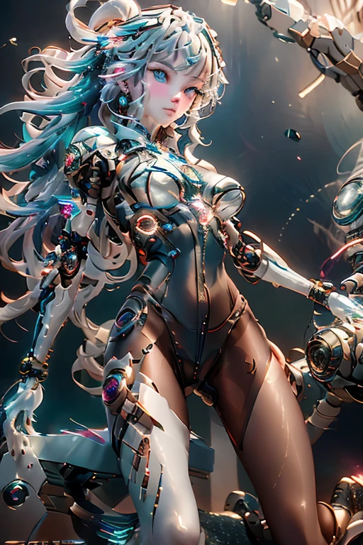 (8K、RAW photography、top-quality:1.4、A high resolution:1.4、tmasterpiece:1.4)、(hyper realisitc:1.4)、1girll、hentail realism、The ultra-detailliert,closeup cleavage、Floating hair、Soft light、full bodyesbian、85mmレンズ、f/1.4、profesional lighting、Luminous Particle:0.8、Transparency、one-girl、Curly high ponytail girl,Gray hair,cyber punk style,afofuturism,holographic projections,Mechanical heart,Mechanical wings,Technological buildings in the distance,tmasterpiece,A high resolution,8K,Very graphic impact,The brush is clear,Full of detail,Vivid eyes,Delicate face