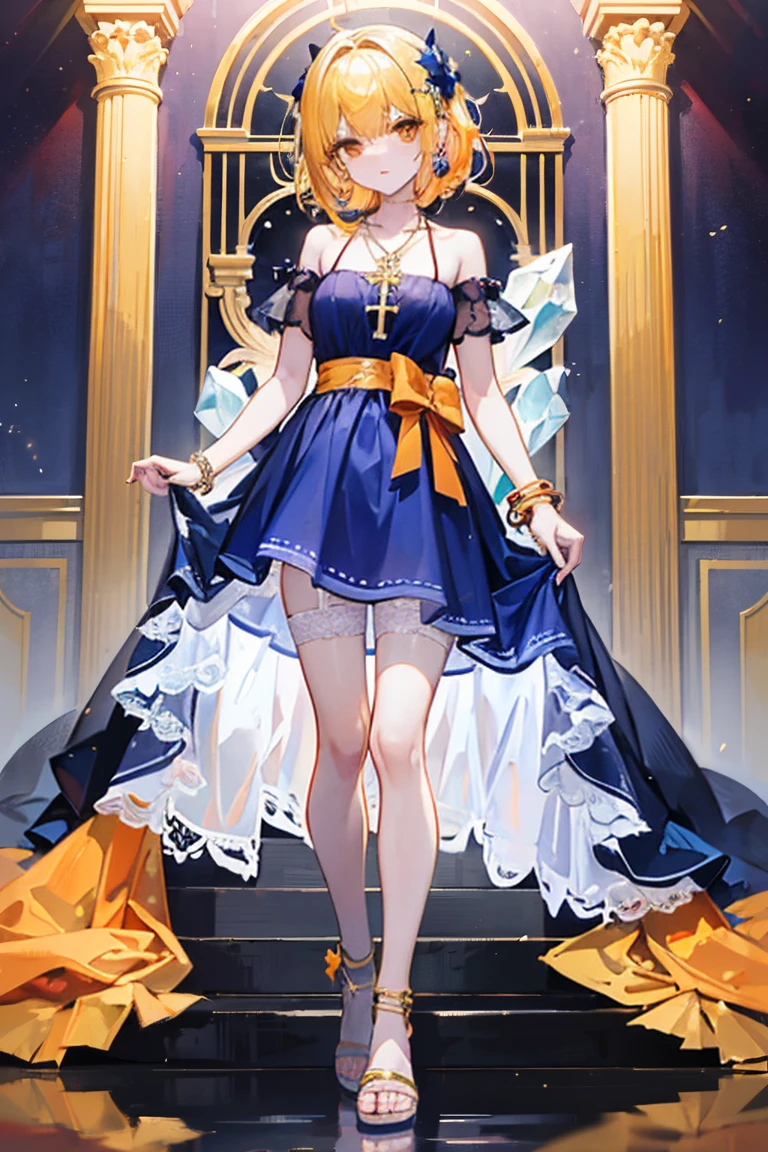 (masterpiece)、(highest quality)、(Super detailed)、(best anatomy)、official art、cute bright haired woman、shoulders are exposed、beautiful breasts、Thigh exposure、Fantastic starry sky