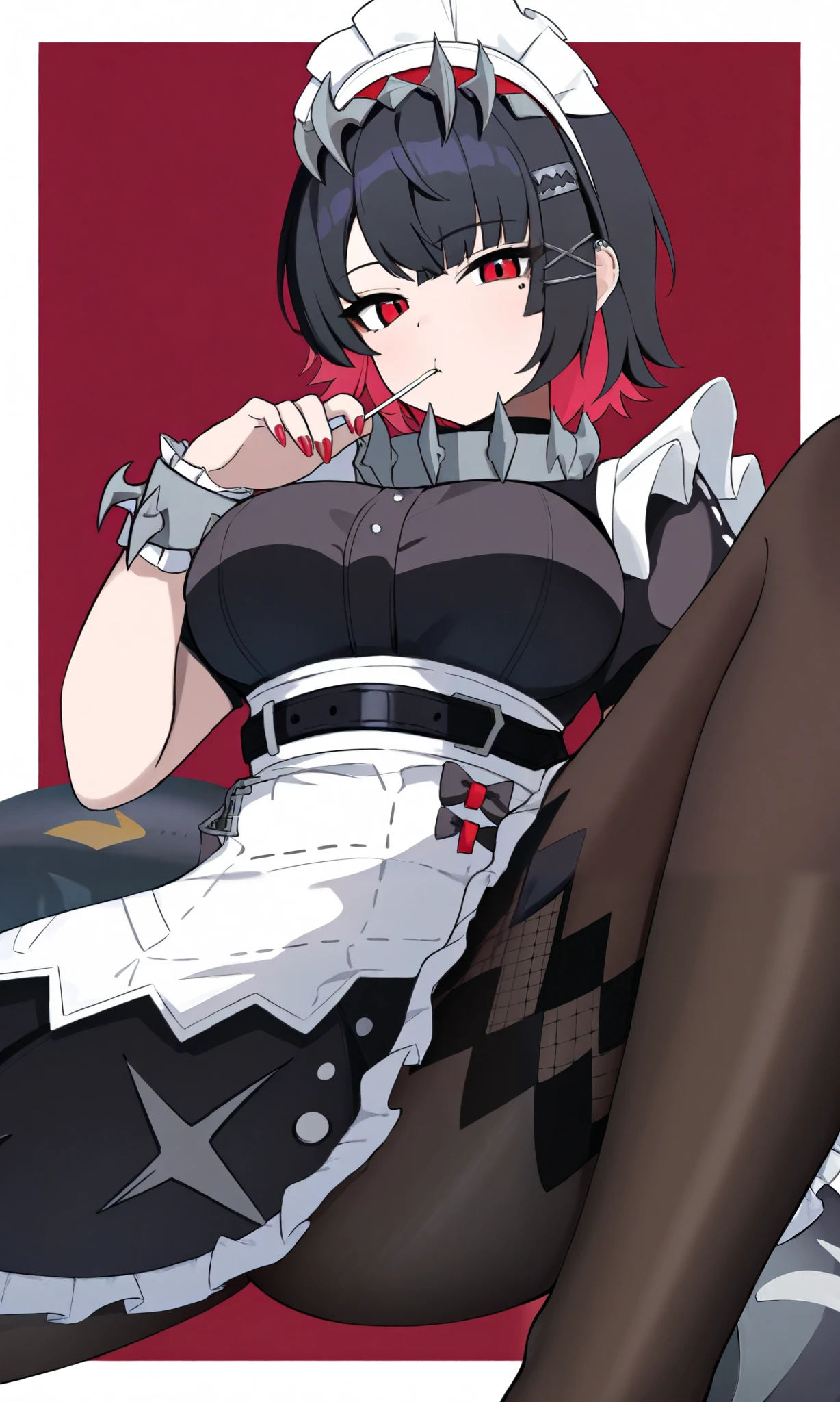 masterpiece, best quality, high resolution, absurdres, 1girl, ellen_joe, red_eyes, black_hair, short_hair, colored_inner_hair, large_breasts, fish_tail, hair_ornament, hairclip, x_hair_ornament, spiked_hairband, spiked_bracelet, spiked_collar, maid, maid_headdress, black_dress, frills, puffy_short_sleeves, maid_apron, black_belt, bow, (brown_pantyhose), fins, white_border, red_background, lollipop, sitting, food_in_mouth, dutch_angle, looking_at_viewer, red_nails