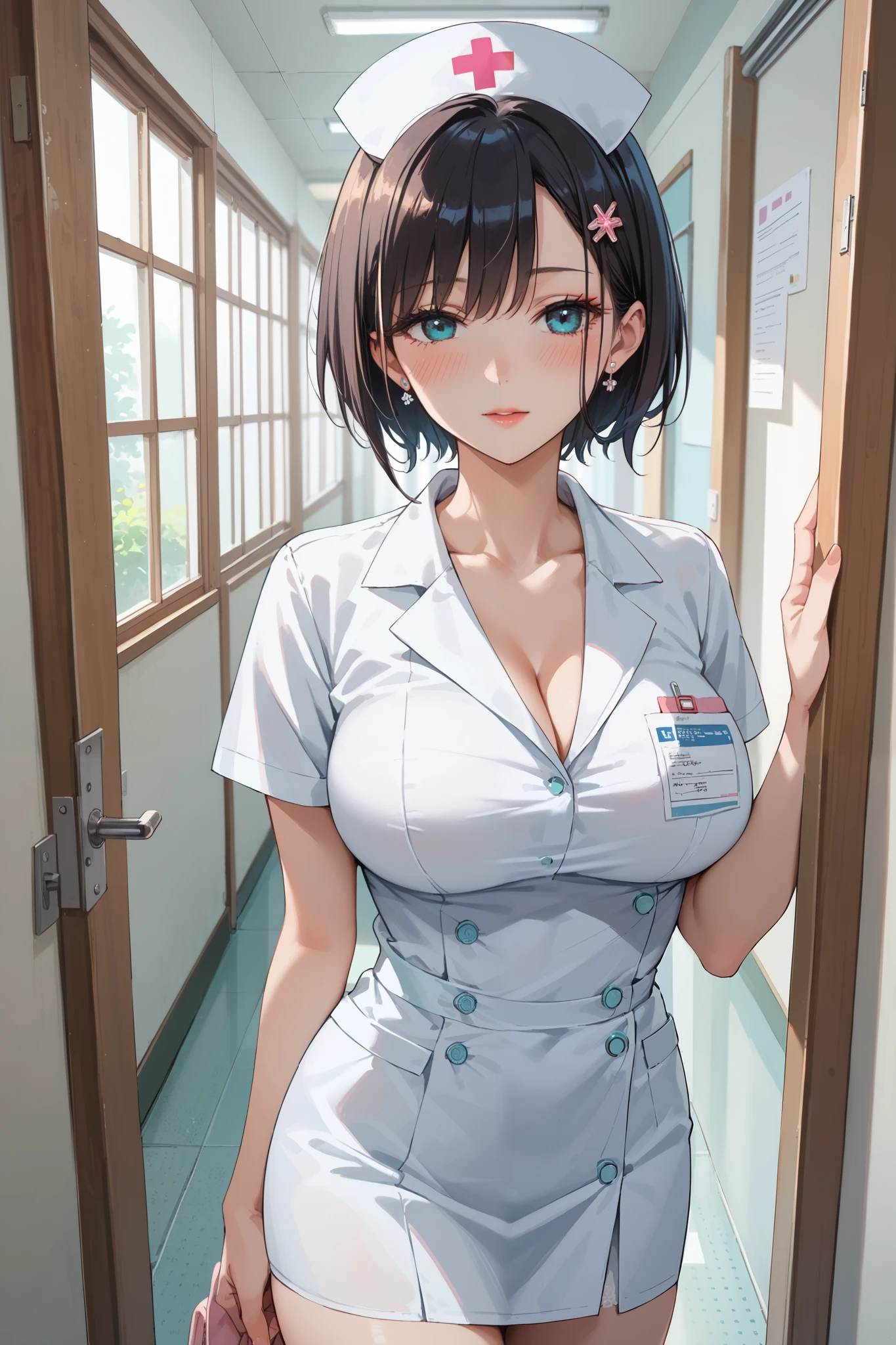 beautiful, short hair, Japanese anime , masterpiece, best quality , Big breasts, Nurse, Hairpin,blush,corridor,Sexy pose