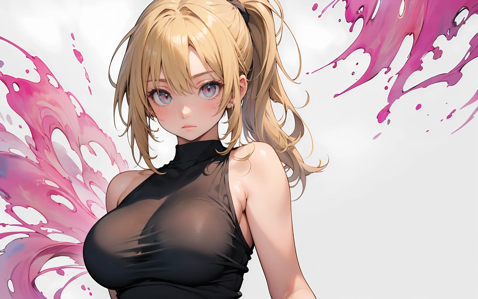 Best quality, masterpiece, ultra high res, 1girl, sexy, in the dark, deep shadow, low key, cold light, milf, blonde, dynamic light, cinematic lighting, cinematic lighting, down blouse, mature woman, middle parted hair, nsfw, natural breast, upper body, milf, samui, simple smile, armpits visible