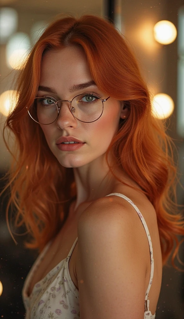 A red-haired female influencer with green eyes, an innocent look and full lips. freckles on her cheeks. medium breasts. Very sexy butt. A mole on the right breast. rounded buttocks. wears glasses. Sexy. attractive. Full body wide shot from head to toe. in 8k. very detailed, With her friends on a party