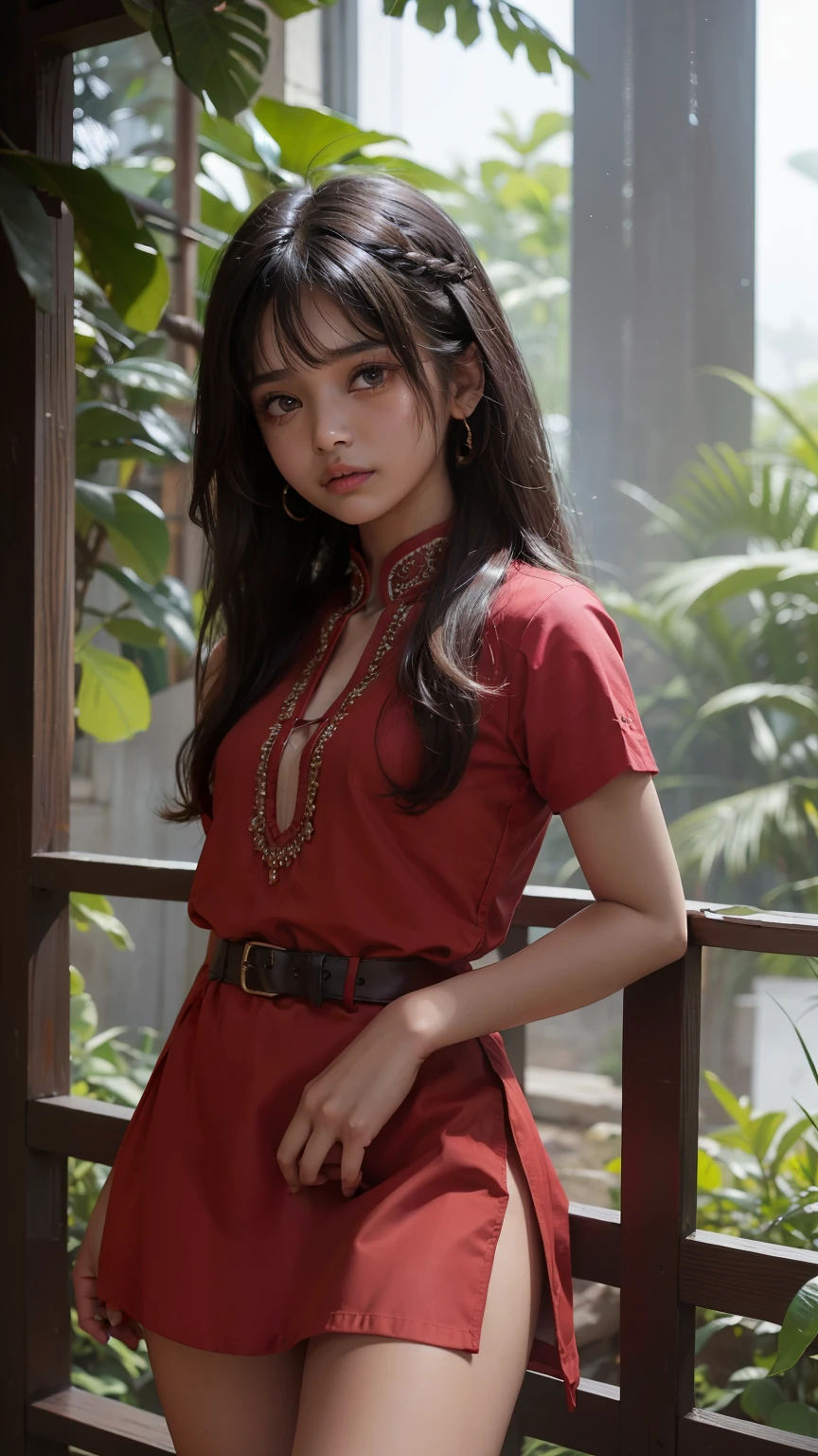 8K, ultra high detailed small indian girl, crying expression, long hair, impressive hairstyle, detailed eyes, detailed lips, small indian sexy girl, Naked open naked in a torn kurti, she has thick thighs, short height, she has thick thighs, little innocent face , tears in eyes, The waist is belted، wearing full red short kurti small girl, medium , close body, small girl , back Standing girl، she has thick thighs, wear red short kurta to thighs naked legs and she lifts her kuti and showing naked pubis with one hand, she has thick thighs