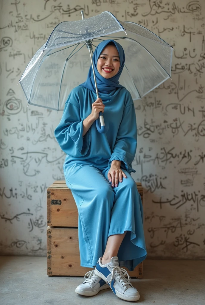 Capture the Malay girl in blue hijab and floral pattern baju kurung sitting on a fluffy cloud high in the sky. The cloud acts as her personal retreat in the sky, suspended above the world below, 28mm lens, Establishing shot, muted color grading, cinemascope effect, high quality, using Panavision DXL2 camera,