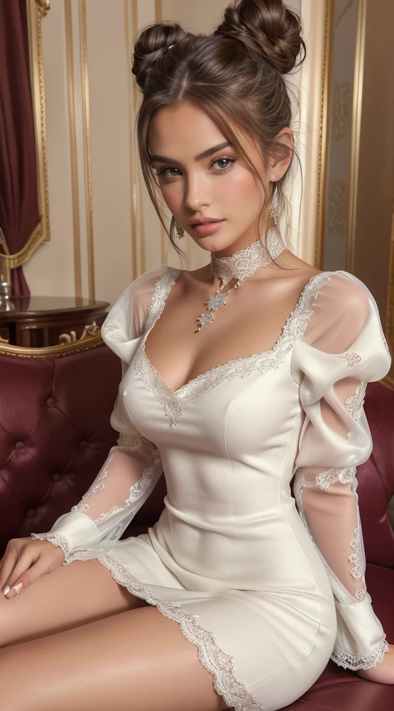 Professional portrait of a beautiful brunette, bob hairstyle, wearing a vintage dress without shoulders, white dress, neckline, old castle, posing in the castle, looking at the viewer.