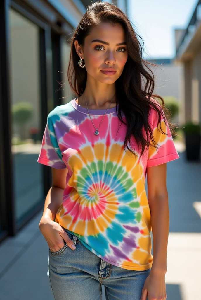 a gorgeous Cook Islander woman, lanky body, auburn space buns hair, tie-dye t-shirt dress with platform sneakers