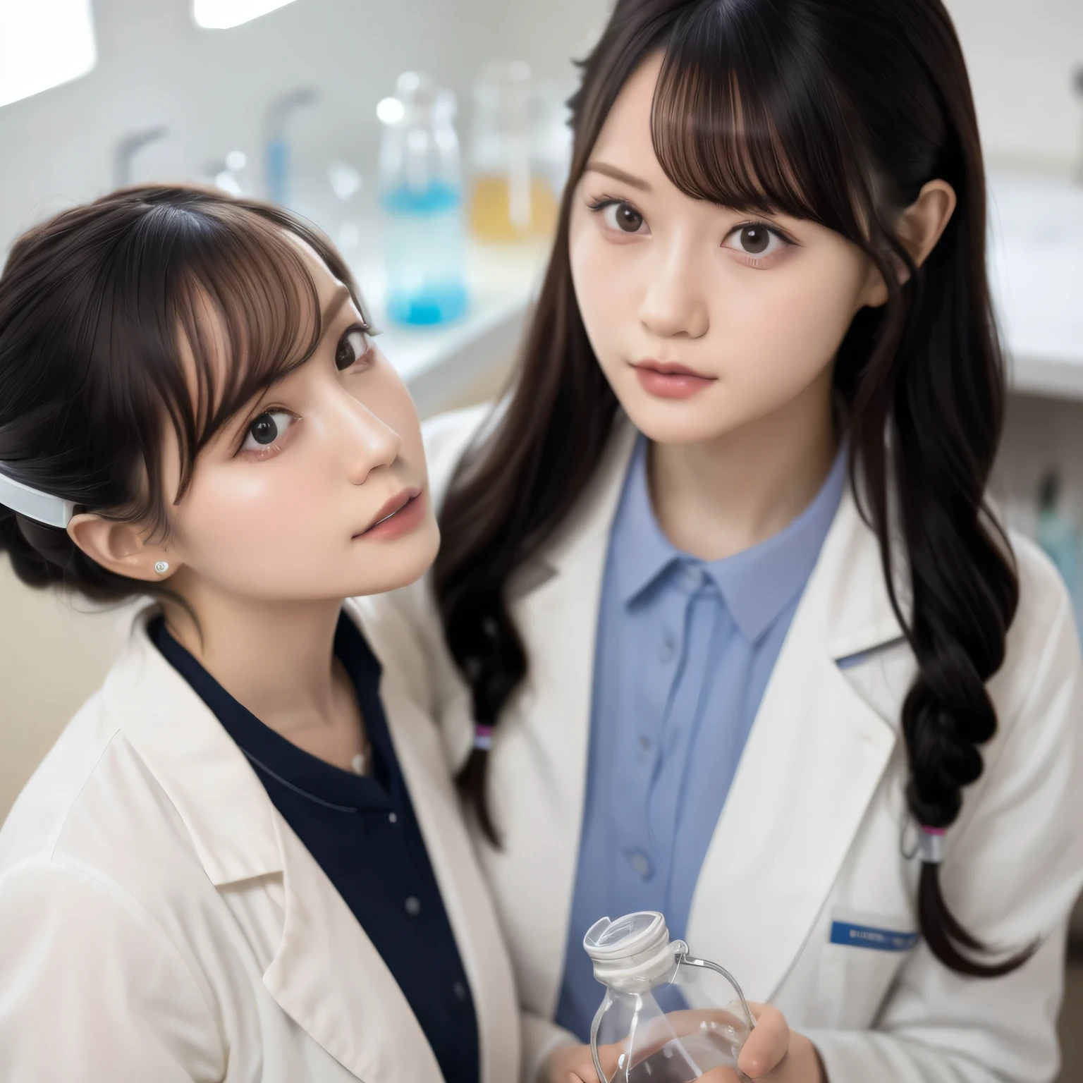 Depict a 20-year-old, stunningly beautiful woman conducting an experiment in a well-equipped science lab. She wears a pristine white lab coat over professional attire, her expression focused as she carefully handles scientific instruments. Whether her hair is long and neatly tied back or short and styled, she maintains a meticulous appearance suited for the lab environment. The background features shelves filled with scientific equipment, adding to the immersive atmosphere of the setting. Dark hair, long hair, dark eyes.