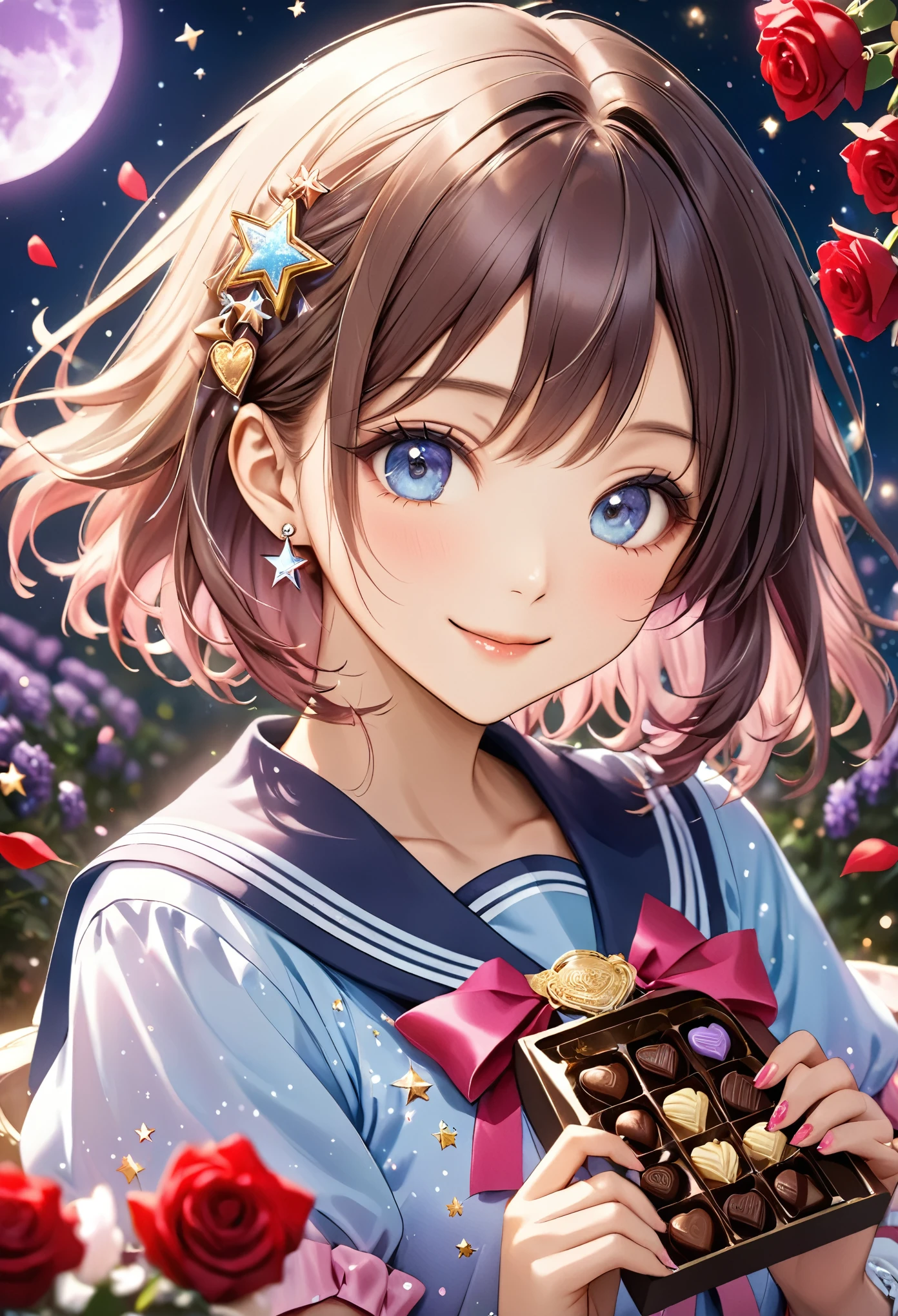 Dreamy anime-style illustration of a 20 year old beautiful woman with short bob chestnut-colour brown hair with soft highlights. The hair color is a beautiful gradation from dark maroon to light maroon。 hair has a soft luster 、Expresses a natural sense of volume 。She has large, expressive skyblue eyes with bright highlights that convey a friendly and welcoming demeanor. The eyes are a warm light blue that shines like big round stars , wearing a gentle and content smile. with subtle gorgeous and glitter star and moon-themed jewelry. gyaru-style makeup. pastel pink high school girl in gorgeous and glitter sailor uniform,gorgeous and glitter many colorful tarot card with a celestial design, featuring a crescent moon and star motifs in gold on a lavender background, and exquisitely composed. Realistic images of a bouquet of crimson roses intertwined with various luxurious chocolates, Delicious chocolates are universally recognized as a symbol of love and affection . The details of each element are meticulously captured、 Awe-inspiring : Velvety petals that stimulate the senses , Delicious chocolates arranged with artistic precision . This high-quality photograph captures the essence of romance and luxury , Evoke feelings of warmth and desire in the viewer , big love , Love in chocolate , love doll, Written pieces of paper "💕 Valentine's Day "