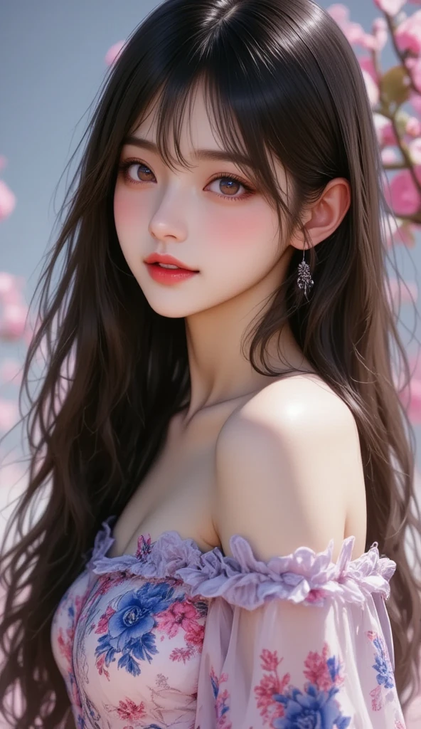 (highest resolution, clear_image) best quality, woman, masterpiece, very detailed, (semi-realistic), ((long hair)), black hair, black hair bangs, purple eyes, mature, Glossy lips like cherry blossoms, white background, close-up portrait, solid circle eye