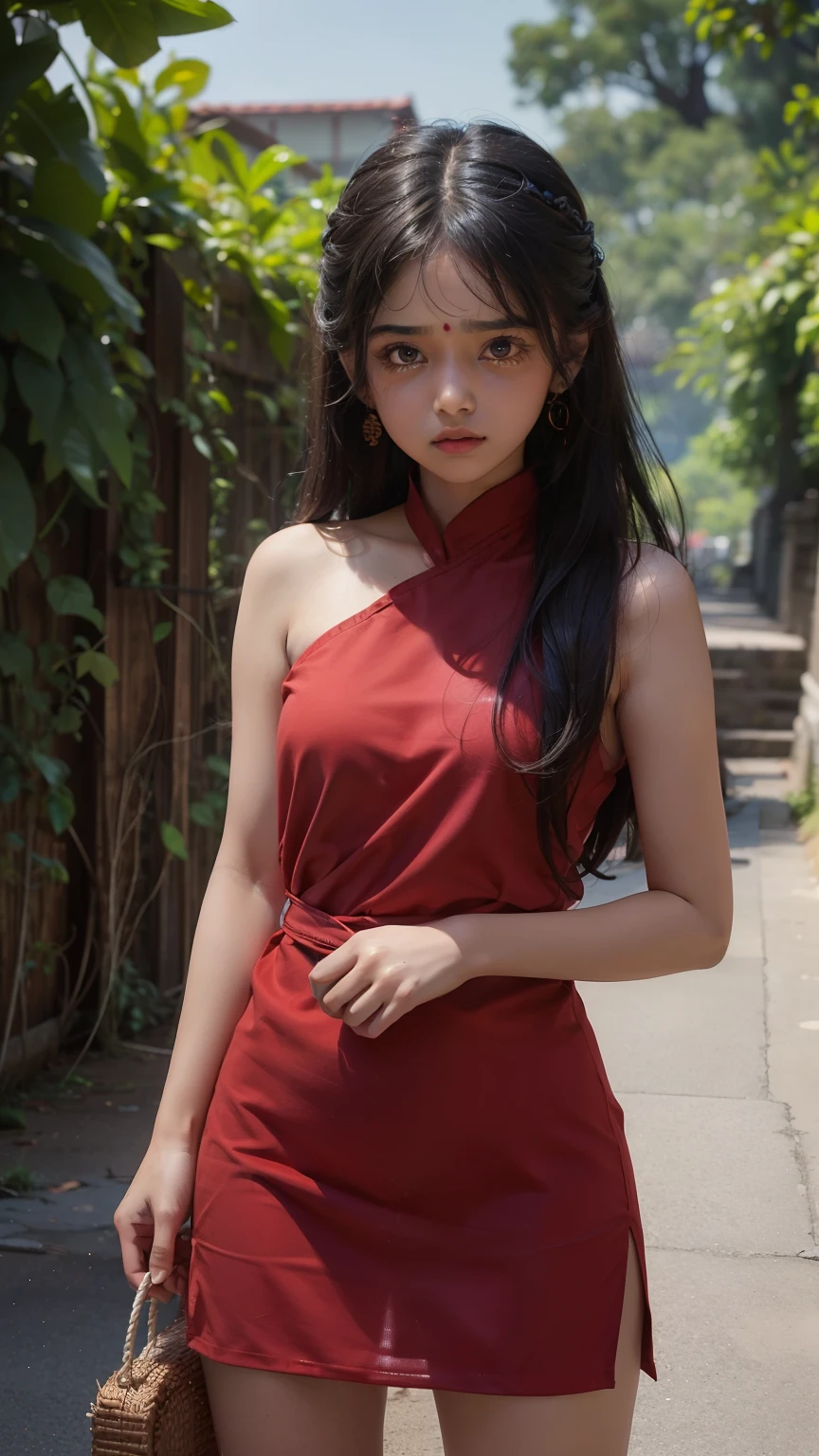 8K, ultra high detailed small indian girl, crying expression, long hair, impressive hairstyle, detailed eyes, detailed lips, small indian sexy girl, Naked open naked in a torn kurti, she has thick thighs, short height, she has thick thighs, little innocent face , tears in eyes, The waist is belted، wearing full red short kurti small girl, medium , close body, small girl , back Standing girl، she has thick thighs, wear red short kurta to thighs naked legs and she lifts her kuti and showing naked pubis with one hand, she has thick thighs