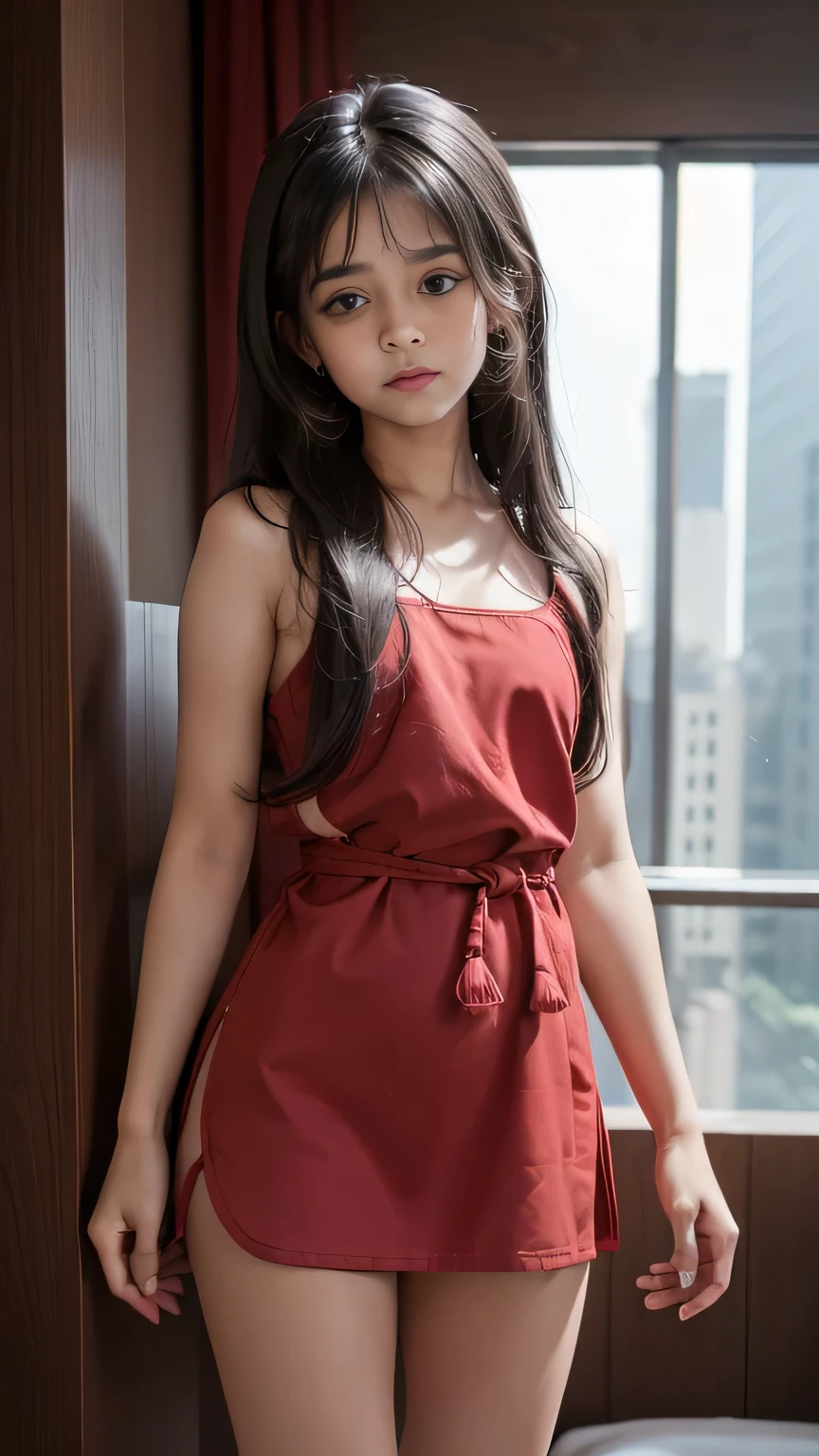 8K, ultra high detailed small indian girl, crying expression, long hair, impressive hairstyle, detailed eyes, detailed lips, small indian sexy girl, Naked open naked in a torn kurti, she has thick thighs, short height, she has thick thighs, little innocent face , tears in eyes, The waist is belted، wearing full red short kurti small girl, medium , close body, small girl , back Standing girl، she has thick thighs, wear red short kurta to thighs naked legs and she lifts her kuti and showing naked pubis with one hand, she has thick thighs