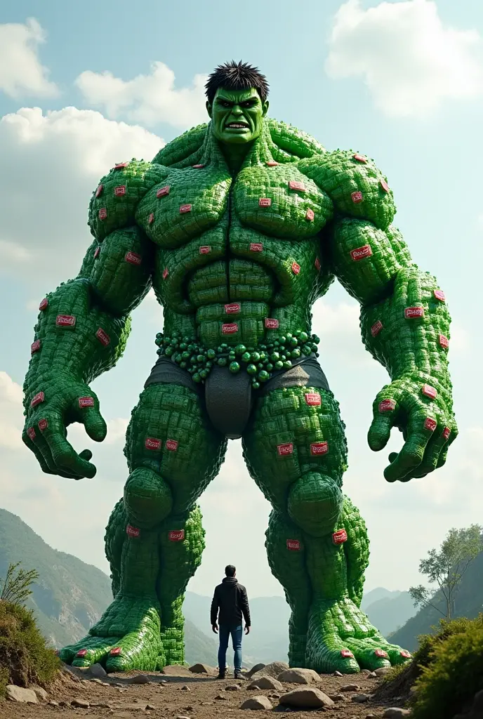 Hulk 2, a very handsome Hulk, very fat, very big body, Extremely fat, partial blueberry inflation, spherical inflation, Shirtless, purple shorts, green skin, destroying a hospital