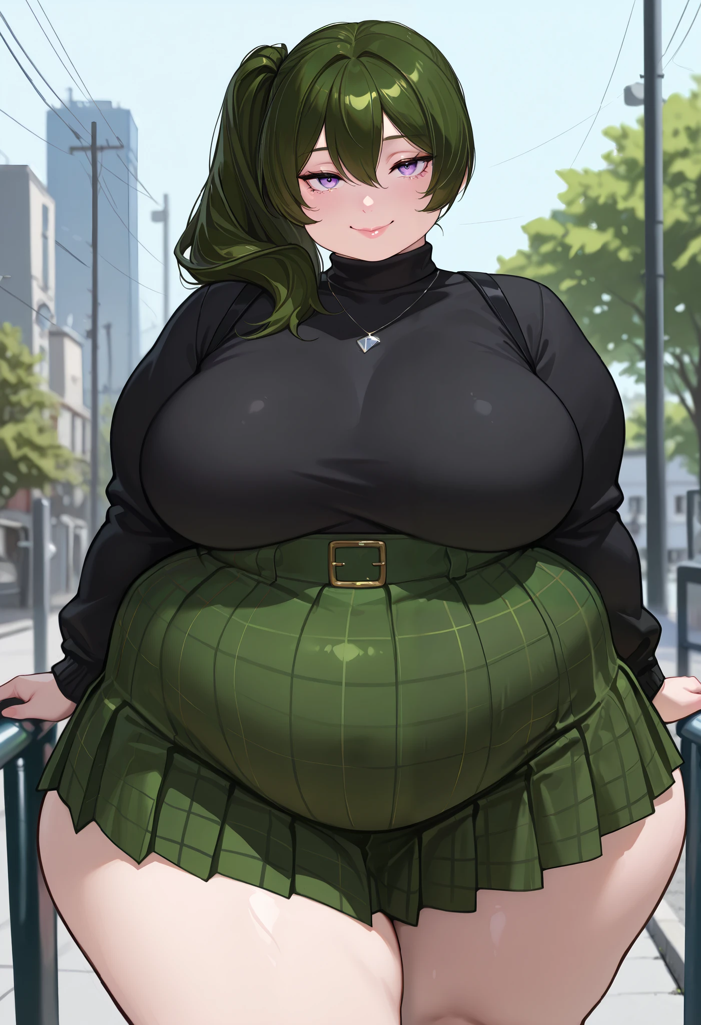 1girll, , looking down at viewer, low angleat thighs, thick thight, Wide buttock, potbelly, Cruel smile, fluffy sweater, Very short pleated skirt, tightsuit, big stripeully, contemptible, mocking look, Stick out her tongue, one eye closed, The bottom is heavy, pear shaped, dent in the skin, chubby, Tall guy