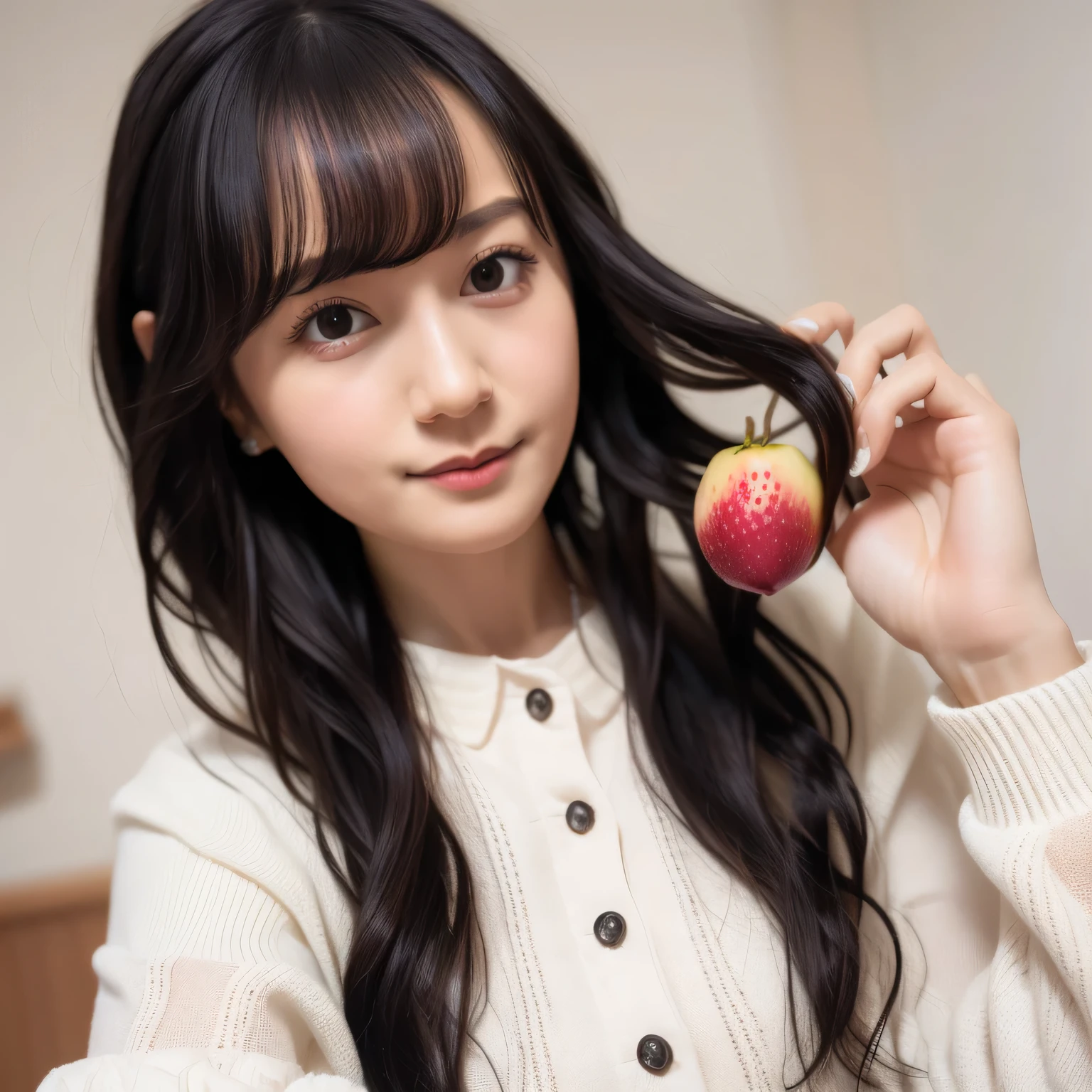 She is holding a banana with its peel partially removed, revealing the white fruit inside. She is eating the exposed white part. Dark hair, long hair, dark eyes.