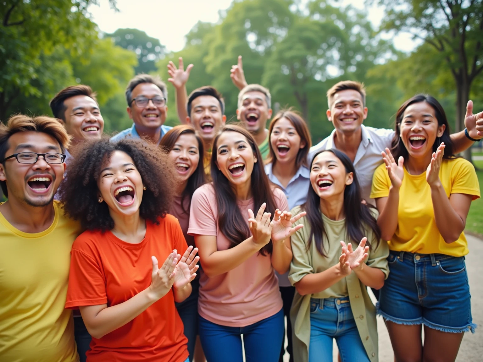 Photorealistic、Ultra HD、Several Japanese people of all ages and genders are celebrating with their arms raised in the air.、The background is the city