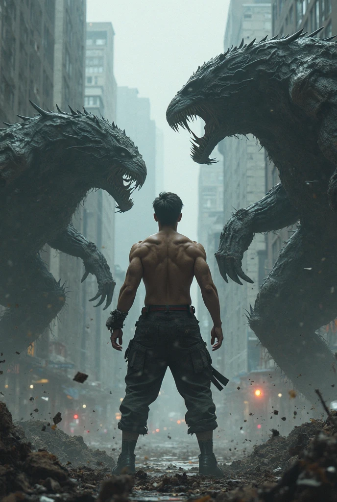 A man standing in Tokyo cuber with blood and sword in his hands a big blue snake figure standing behind him with anger