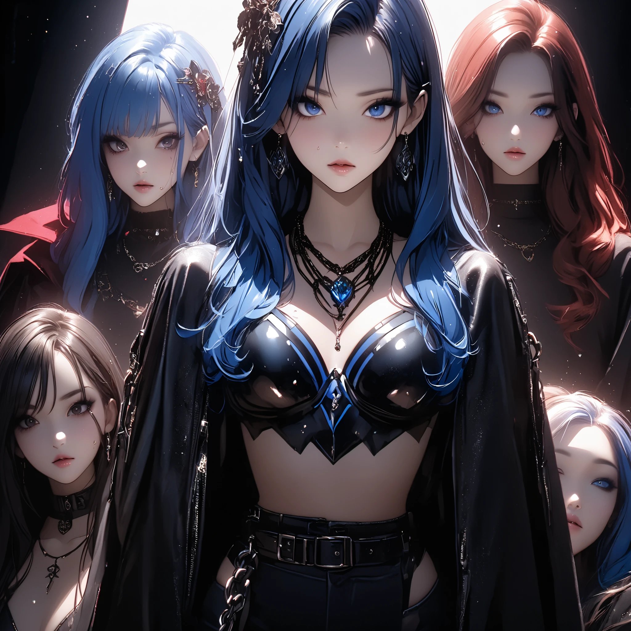 best quality、 ultra-precise depiction、 bright colors、beautiful oriental woman 、aldult、fashion photo、Artistic、Oil Wind、One person、up、portrait、40 years old、tall、long legs、 accurate facial depiction、 Darkness、spotlight、 Kasumi、Blackout、metal bed、Black Bikini Armor、レースup、Beautiful big 、Blue Hair、straight hair、 skin radiance、 bewitching face、painful expression、Sweating、Beautiful figure 、random suspect、Hitoye、Light、Half an eye、droopy eyes、Cut length、sharp eyes on wrists、stares、angry、 Tilt Your Head、hair ornament、heavy makeup、blue rouge、dark eyeliner、eyeshadow、Glitter on hair 、slender figure、metal chain、 Lots of Gems、jewel necklace 、ring、 bangle、earrings、headband