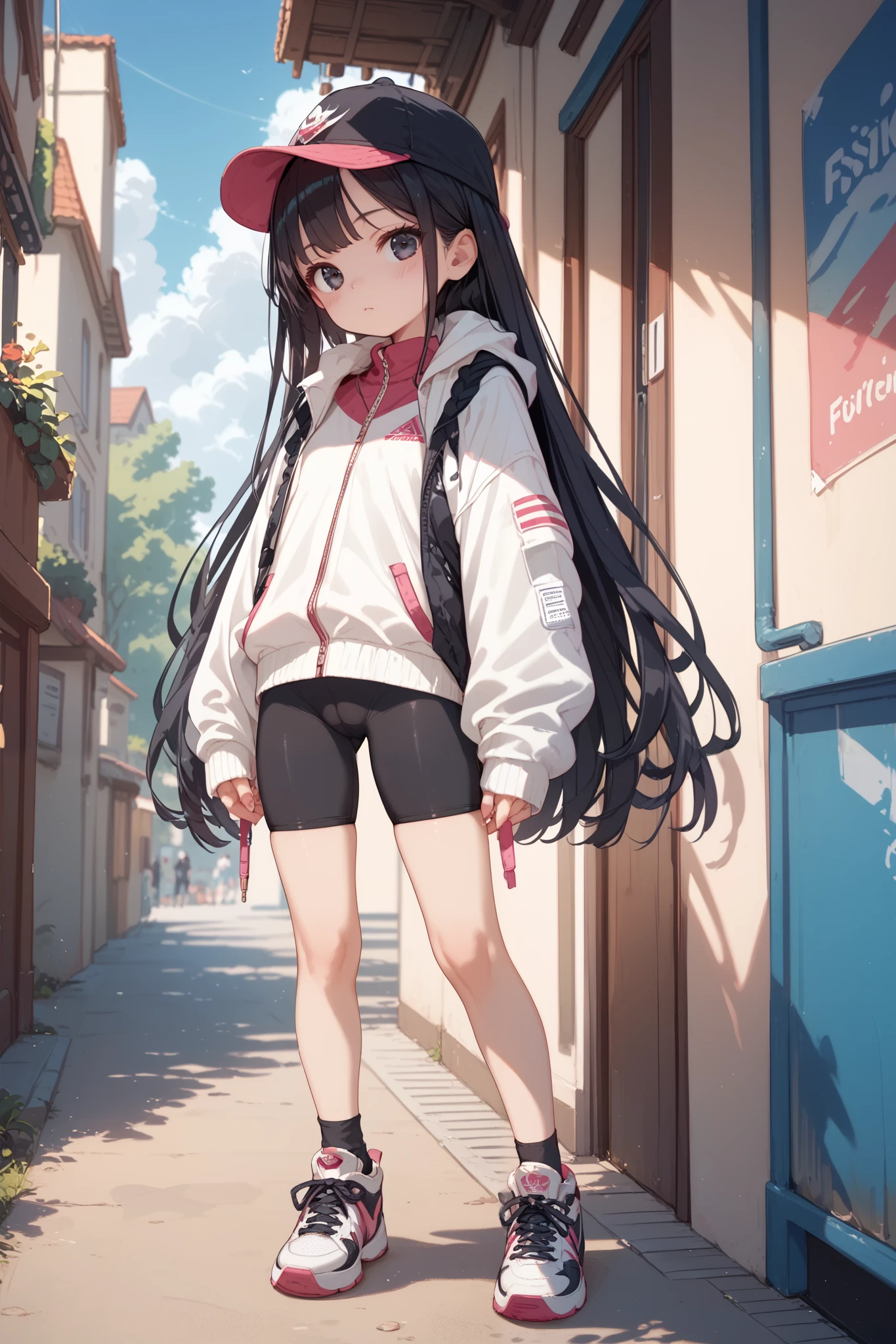 black hair,black eye, girl,very long hair,outdoor,blush,jacket,bike shorts,sneakers,cap