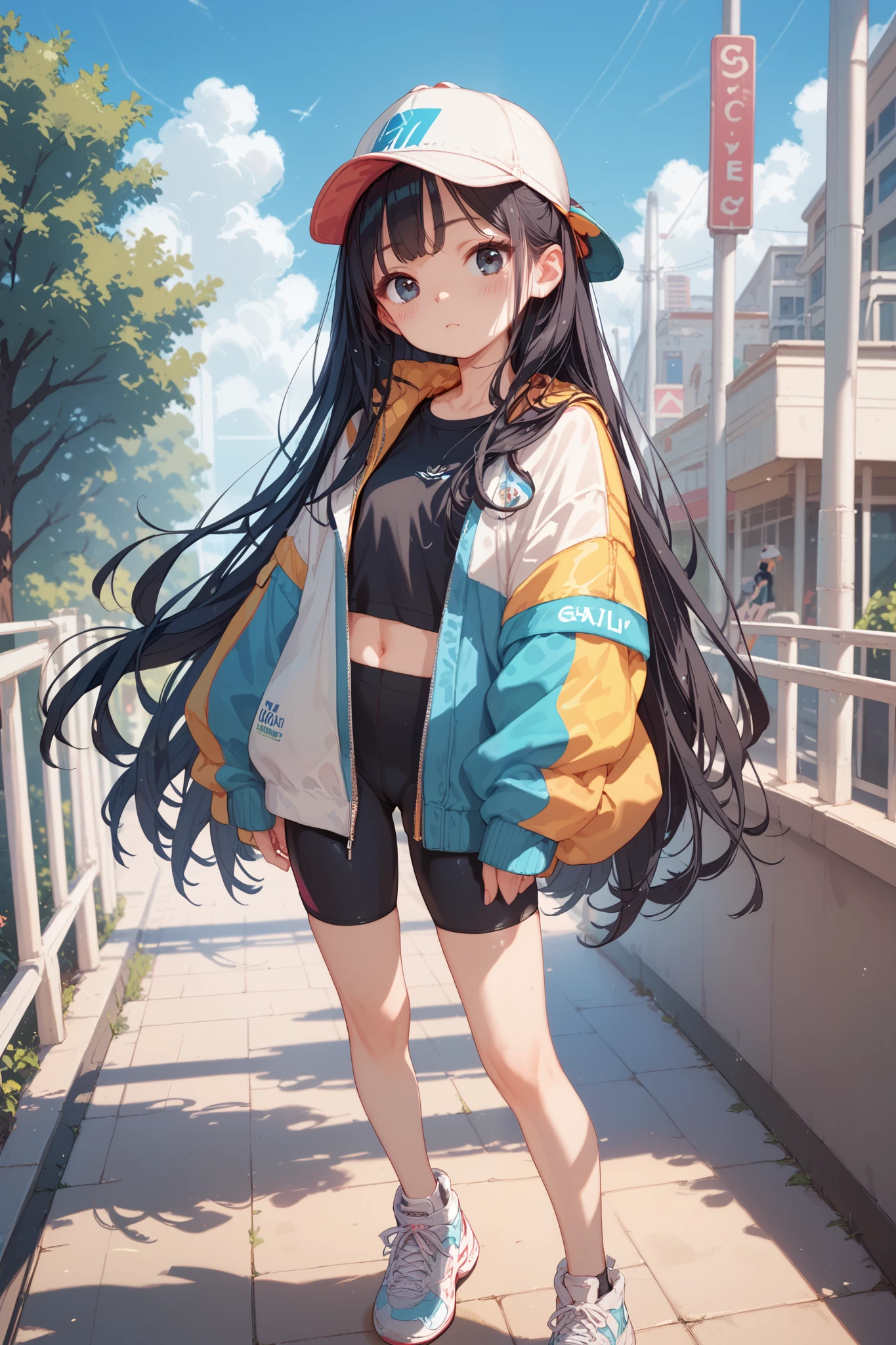 black hair,black eye,petite girl,very long hair,outdoor,blush,jacket,bike shorts,sneakers,cap