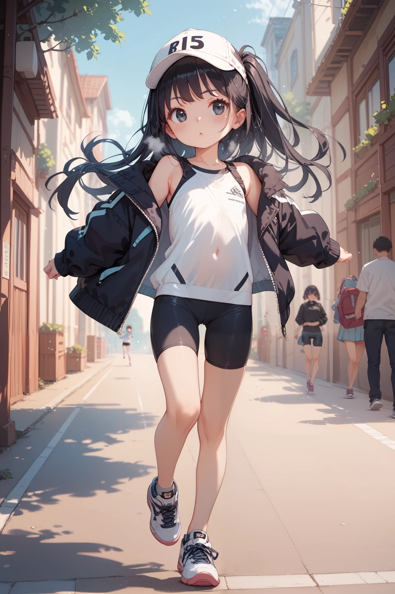 black hair,black eye, girl,very long hair,outdoor,blush,jacket,bike shorts,sneakers,white cap,running, steam,
