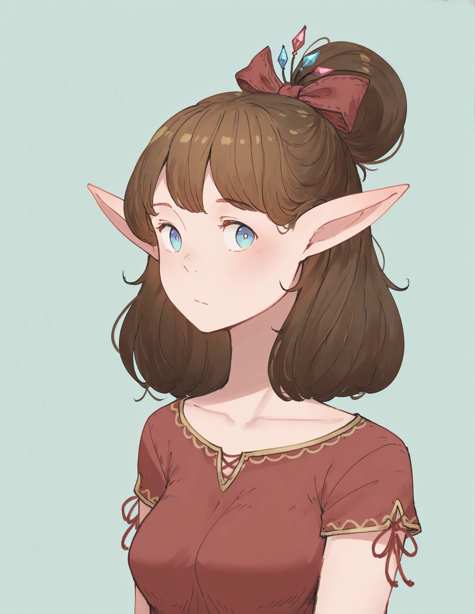 1 girl, image, long hair, breasts, Blue Eyes,  short hair , Brown Hair, , hair jewelry, ribbon, Simple Background, Pointed ears,  Yandre , 