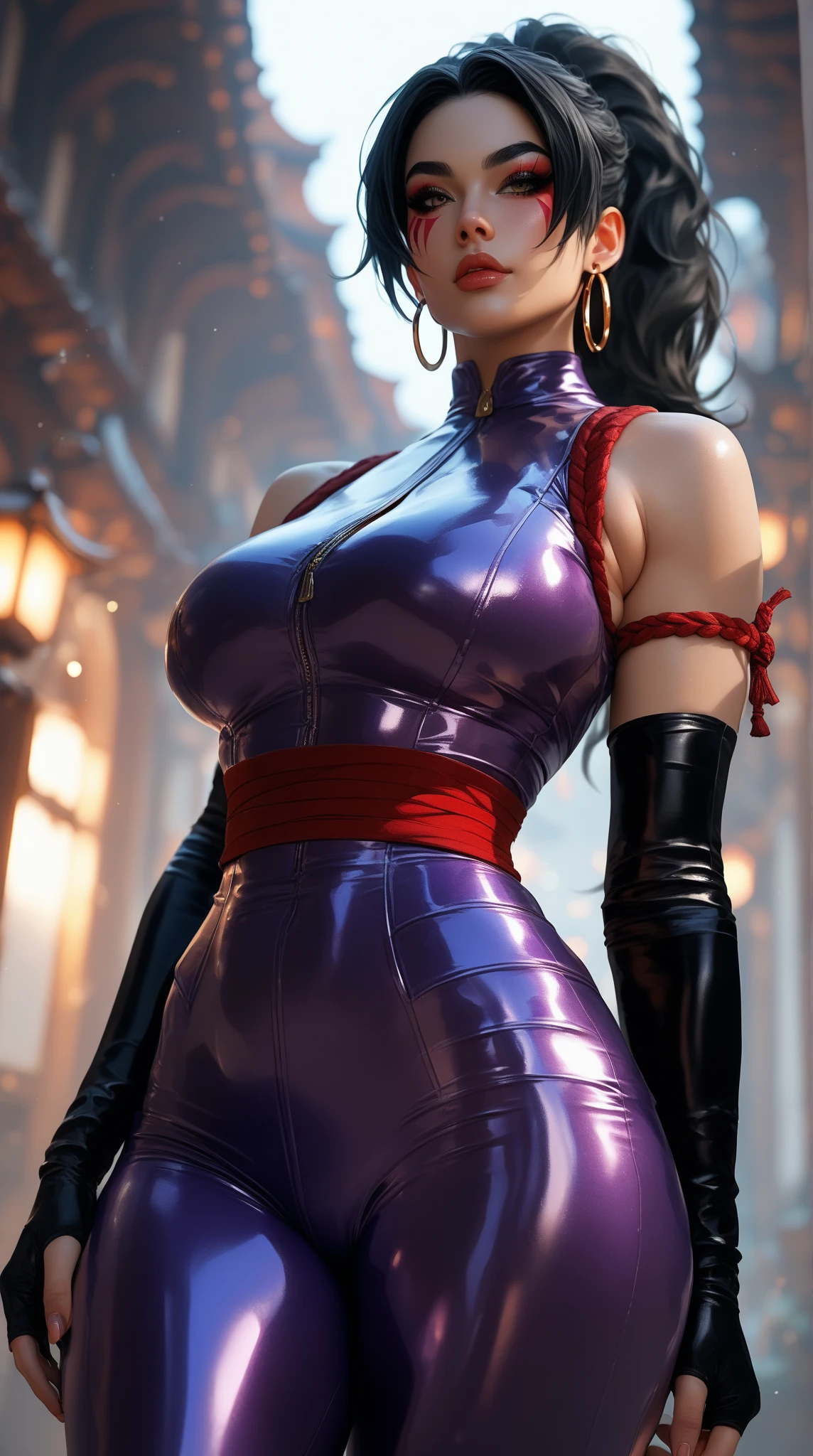 masterpiece, best quality,3d rending work ,3DMM style,close-up, 3D,1girl, solo, black hair, teardropshaped earrings, looking to the side, realistic, upper body, urban city background, bangs, looking away, long straight black hair, parted lips, choker, makeup, (short purple dress:1.3), black lace trim, tight dress, red eyes, tifa lockhart, (huge breasts:1.5) enormous droopy breasts, macromastia, cleavage, toned abs, toned arms