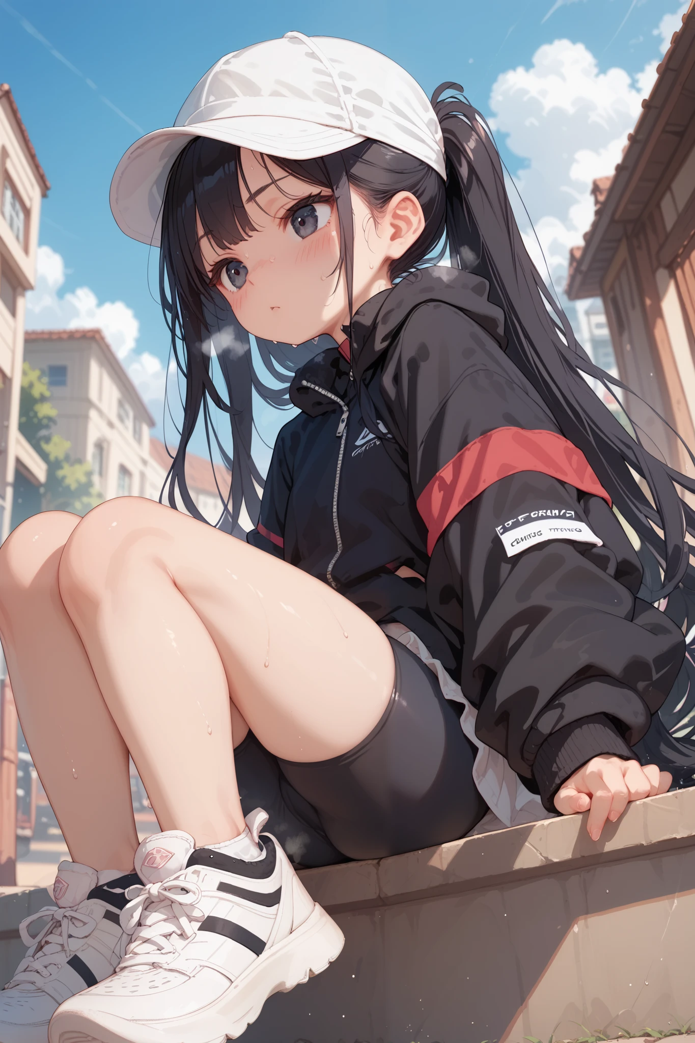 black hair,black eye,petite girl,very long hair,outdoor,blush,black jacket,bike shorts,sneakers,white cap,steam,sweat,furrowed brow,fleeing