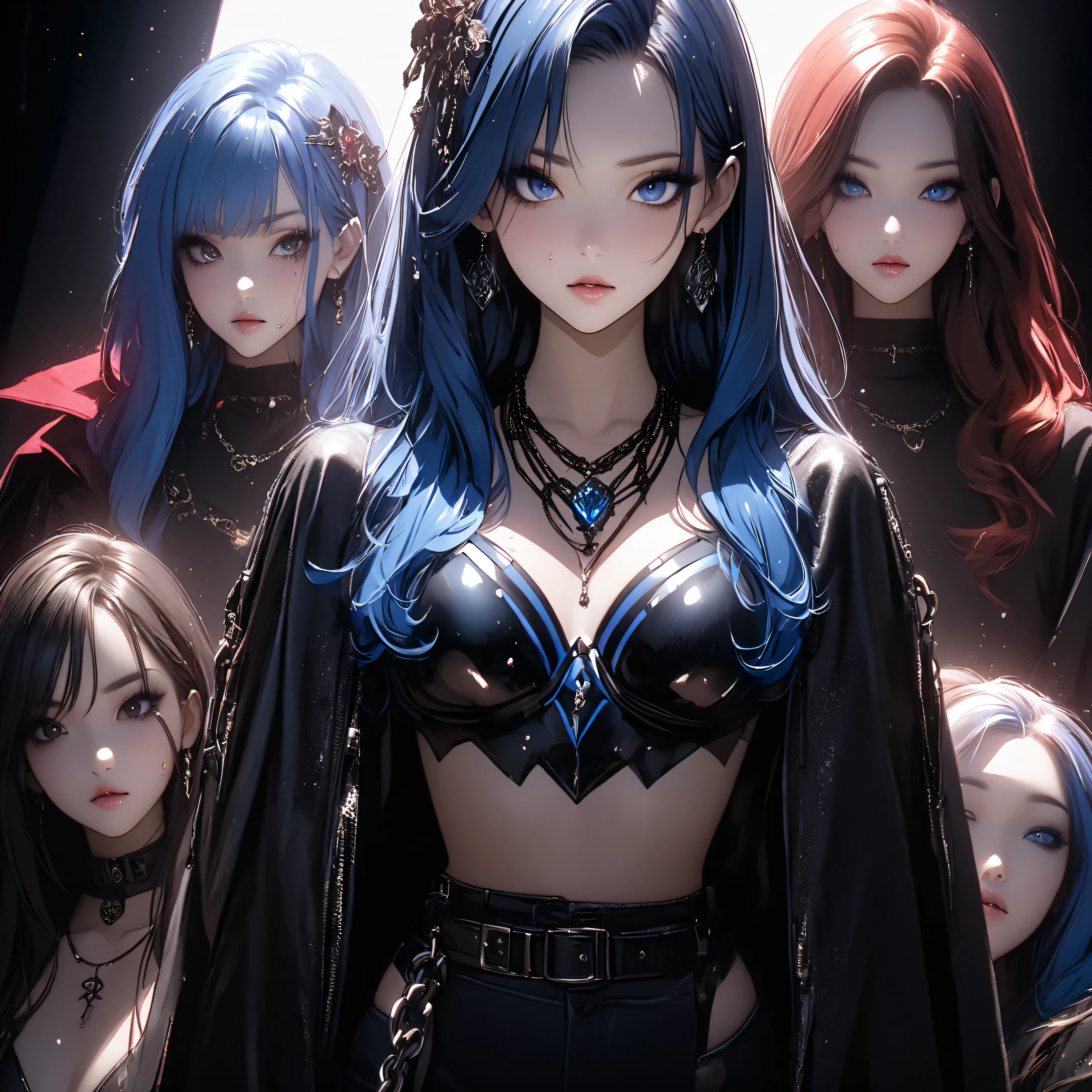 best quality、 ultra-precise depiction、 bright colors、beautiful oriental woman 、aldult、fashion photo、artistic、Oil Wind、One person、up、portrait、40 years old、tall、long legs、 accurate facial depiction、 Darkness、spotlight、 Kasumi、Blackout、metal bed、Black Bikini Armor、レースup、Beautiful big 、Blue Hair、straight hair、 skin radiance、 bewitching face、pained expression、Sweating、Beautiful figure 、random suspect、Hitoye、Light、Half an eye、droopy eyes、Cut length、sharp eyes on wrists、stares、angry、 Tilt Your Head、hair ornament、heavy makeup、blue rouge、dark eyeliner、eyeshadow、Glitter on hair 、slender figure、metal chain、 Lots of Gems、jewel necklace 、ring、 bangle、earrings、headband