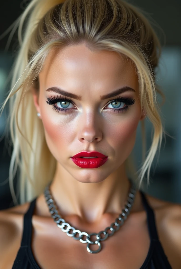 best quality, 8K, HD, beautiful blonde Caucasian woman, looking very a arrogant enraged down to the camera, heavily made-up eyes, heavily made-up cheeks, shiny red lips, super blonde hair, ponytail hairstyle, shiny silver steel collar with o-ring on the front side,
