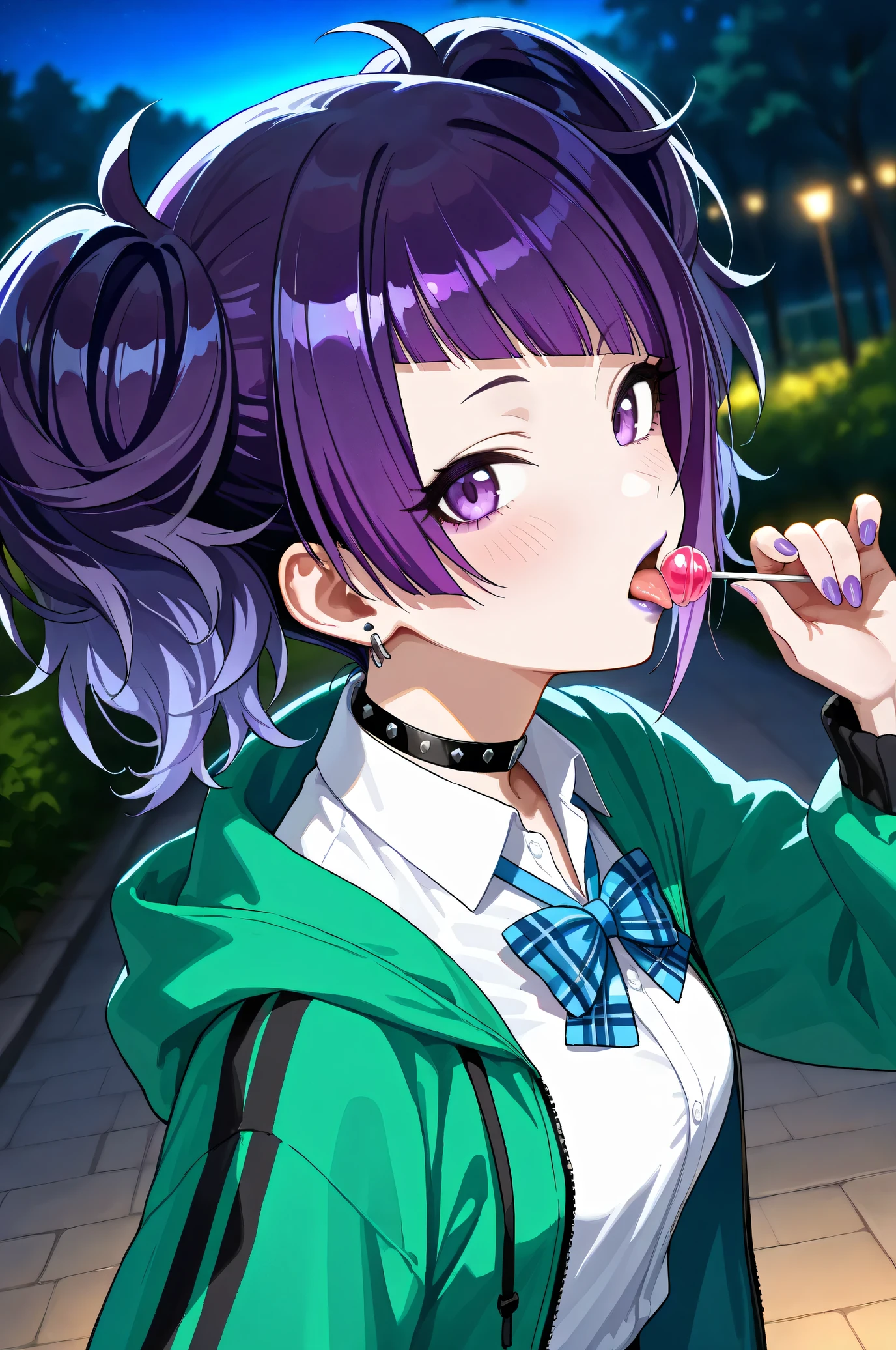 (Masterpiece:1.2), (Highest quality:1.1), (Very detailed),
(The best shape), (Best shadow), (Absurd),
(Detailed Background), (So beautiful), Shiny,
Beautiful eyes in every detail, Extraordinary, Countershading, 8k, 32K, High resolution,
Very Detailed CG ,
Score_9, Score_8_up, Score_7_up, Source_anime,
(Pastel painting:1.2), (Watercolor painting:1.2),
(Masterpiece, Detailed:1.2), (Foreshortening:1.2),
Cinematic, Dramatic, (Depth of field:1.4),
(Blurry background:1.4), (Realistic background:1.4),
1 girl, Solo, Dynamic angle, from side,
Nature, Park, Night,
Tanaka Mamimi,
the idolmaster shiny colors,
tnkmmm, purple hair, short twintails, blunt bangs, diagonal bangs, purple eyes, medium breasts, small breasts,
(School uniform:1.3),
Open hoodie, Green hoodie, Solid hoodie,
Collared shirt, Long sleeve shirt, White shirt,
Indigo ribbon, Butterfly ribbon,
Choker, Purple nail,
(Blush:1.3),
Portrait, (Close up shot:1.4), Looking at viewer,
(Focus on mouth:1.2), (Purple lips:1.1),
Realistic skin, Shiny skin,
Licking a lollipop, Tongue out,