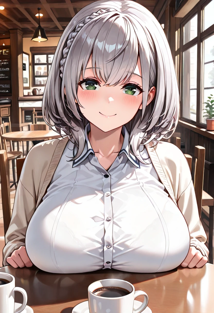 Nsfw, shirtlift, big nipples, flashing , naughty, a one woman, breasts big, gigantic breastss, Breasts huge, mature woman, heavy breasts, shorth hair, (silver-haired), light skinned woman, orange eyes, big-ass, curved belt, breasts resting on the table, with chin resting on hand, shoulders resting on the table, , Looking at Viewer, bra edges on sweater, neckleace , full breasts, breasts larger than your head, mature face, Curvaceous woman, thick-thighs, voluptuous woman, black belt, delicate gloves, bra strap showing, soft , female focus, Os seios da mommy, mommy, charming countenance, Imposing female, high waist jeans, cloth sweater, teasing with your breasts, sitting on a restaurant chair, a date, First person view, in front of the suitor, Silly smile, hearts over the head, plates with food on the table, candle lighting, in an elegant restaurant, glass of wine on the side, sitting in front of the viewer, (sitting at a table in a restaurant), upper body shot, partially visible body, crowded restaurant in the background, at night, romantic humor, silver-haired