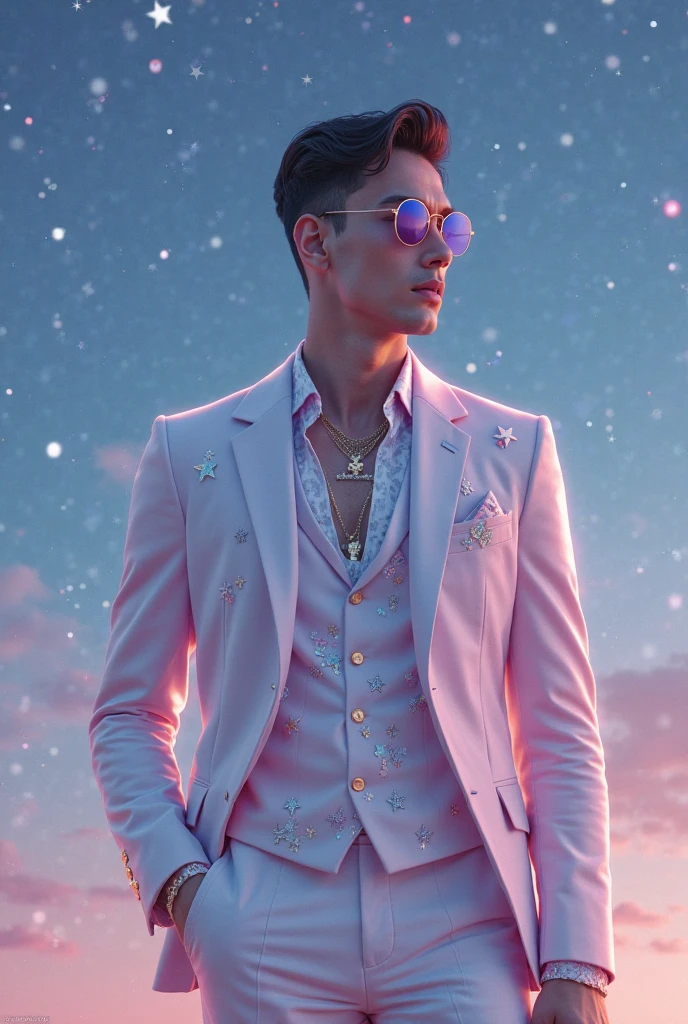 male model lavender ocean sparkling glittery soft pink and gold sky light dreamy fantasy