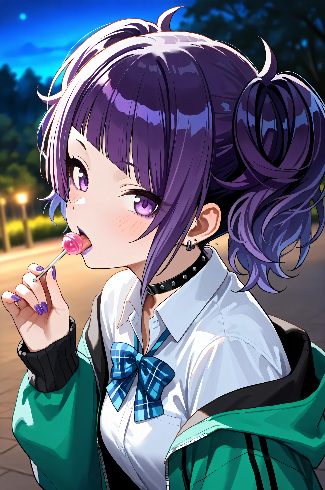 (Masterpiece:1.2), (Highest quality:1.1), (Very detailed),
(The best shape), (Best shadow), (Absurd),
(Detailed Background), (So beautiful), Shiny,
Beautiful eyes in every detail, Extraordinary, Countershading, 8k, 32K, High resolution,
Very Detailed CG ,
Score_9, Score_8_up, Score_7_up, Source_anime,
(Pastel painting:1.2), (Watercolor painting:1.2),
(Masterpiece, Detailed:1.2), (Foreshortening:1.2),
Cinematic, Dramatic, (Depth of field:1.4),
(Blurry background:1.4), (Realistic background:1.4),
1 girl, Solo, Dynamic angle, from side,
Nature, Park, Night,
Tanaka Mamimi,
the idolmaster shiny colors,
tnkmmm, purple hair, short twintails, blunt bangs, diagonal bangs, purple eyes, medium breasts, small breasts,
(School uniform:1.3),
Open hoodie, Green hoodie, Solid hoodie,
Collared shirt, Long sleeve shirt, White shirt,
Indigo ribbon, Butterfly ribbon,
Choker, Purple nail,
(Blush:1.3),
Portrait, (Close up shot:1.4), Looking at viewer,
(Focus on mouth:1.2), (Purple lips:1.1),
Realistic skin, Shiny skin,
Licking a lollipop, Tongue out,