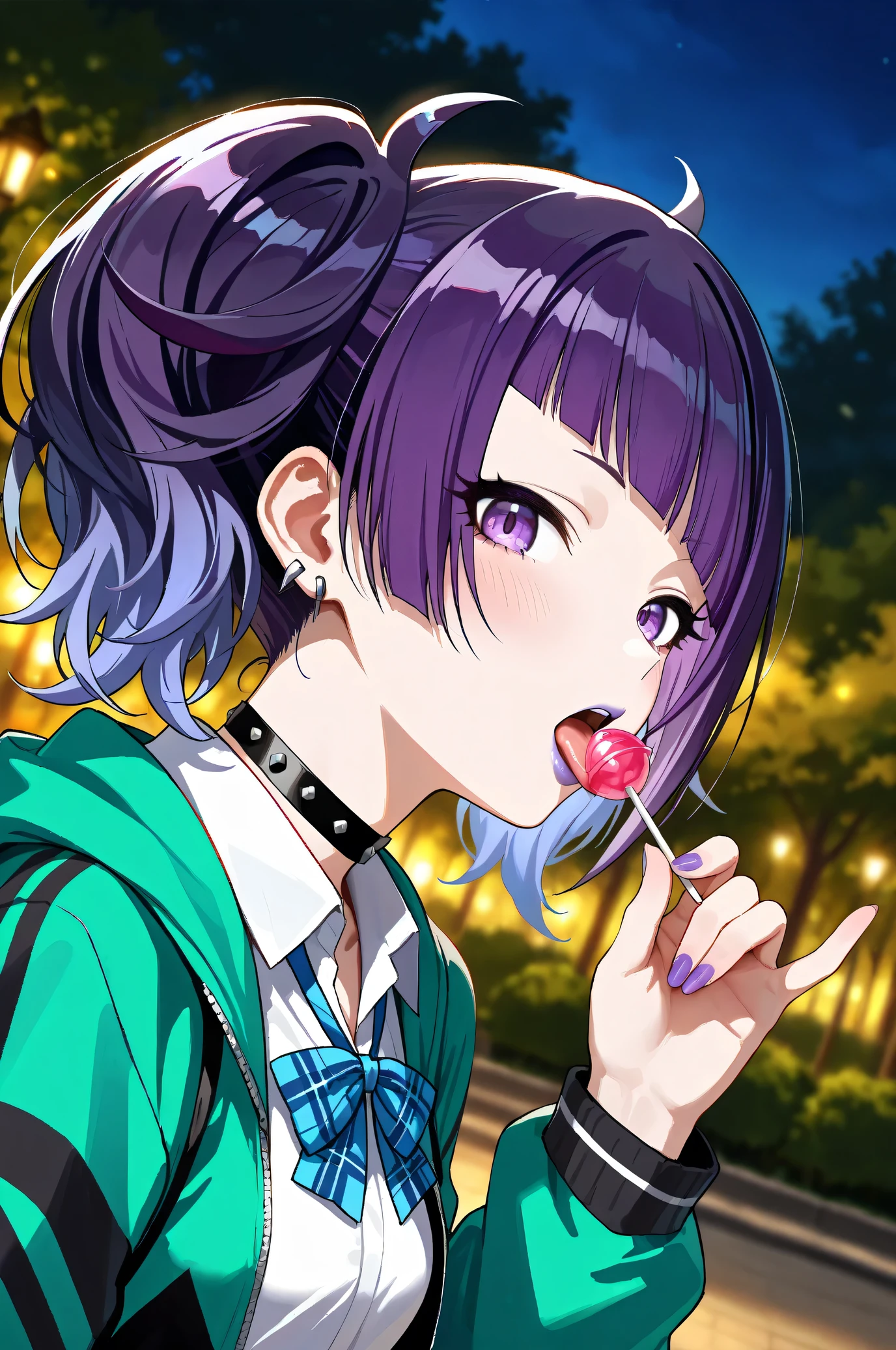 (Masterpiece:1.2), (Highest quality:1.1), (Very detailed),
(The best shape), (Best shadow), (Absurd),
(Detailed Background), (So beautiful), Shiny,
Beautiful eyes in every detail, Extraordinary, Countershading, 8k, 32K, High resolution,
Very Detailed CG ,
Score_9, Score_8_up, Score_7_up, Source_anime,
(Pastel painting:1.2), (Watercolor painting:1.2),
(Masterpiece, Detailed:1.2), (Foreshortening:1.2),
Cinematic, Dramatic, (Depth of field:1.4),
(Blurry background:1.4), (Realistic background:1.4),
1 girl, Solo, Dynamic angle, from side,
Nature, Park, Night,
Tanaka Mamimi,
the idolmaster shiny colors,
tnkmmm, purple hair, short twintails, blunt bangs, diagonal bangs, purple eyes, medium breasts, small breasts,
(School uniform:1.3),
Open hoodie, Green hoodie, Solid hoodie,
Collared shirt, Long sleeve shirt, White shirt,
Indigo ribbon, Butterfly ribbon,
Choker, Purple nail,
(Blush:1.3),
Portrait, (Close up shot:1.4), Looking at viewer,
(Focus on mouth:1.2), (Purple lips:1.1),
Realistic skin, Shiny skin,
Licking a lollipop, Tongue out,