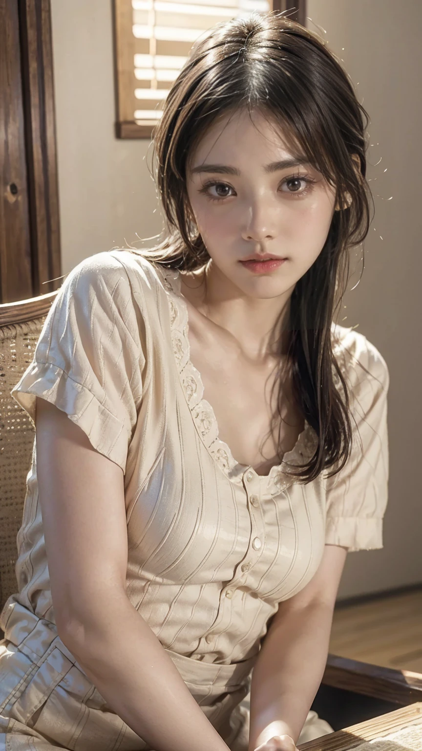 Best quality, masterpiece, ultra high res, (photorealistic:1.4), raw photo, 1woman hottie of 32 years old, goddess, off shoulder, pijama lace short pants, cinematic lighting