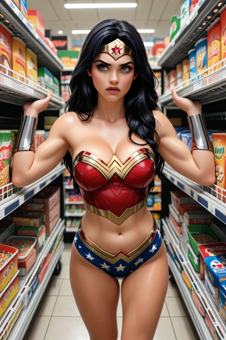 Wonder Woman holding a beer bottle, full body, (full body photo: 1.5), from behind, back view, (from behind: 1.5), masterpiece, candid photo, Wonder Woman, (delicate detail, makeup), (delicate and beautiful delicate face, delicate and beautiful delicate eyes, perfectly proportioned face), (delicate and radiant skin: 1.2), delicate skin, strong and realistic blue eyes, realistic black hair, lips, makeup, natural skin texture, tiara, jewelry, star \(symbol\), leotard, bulletproof gauntlet,  Red combat boots, golden belt, (public attire: 1.5), bare shoulders, slightly sunburned, mature, sexy, elastic muscles, (muscles: 1.2), ((strong and healthy body)), (more muscles))), long legs, curves, (big breasts: 1.3), thin waist, soft waist, (delicate skin), (beautiful and sexy woman), (swollen lips: 0.9), (eyelashes: 1.2), (skin hollow), very delicate muscles, breasts, solo, split, pretty face, perfect body,  muscular, detailed face, realistic skin details, clear focus, realistic face, realistic skin, detailed eyes, detailed facial features, (in a crowded supermarket), despair, tired, open mouth, mature woman, high detail, very detailed, retro,
