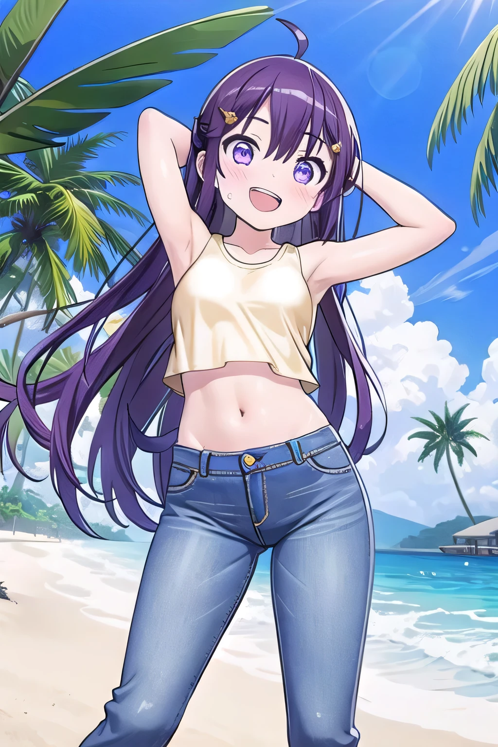 You will be able to create anime images of a 19-year-old woman, standing on the sand of the beach in Japan with few palm trees around on a starry night with few clouds. (Side photo). She measures 172cm and her measurements are B 60, W 30 and H 90; She has short, straight peridot hair, her eyes are purple jade, she has a flirtatious expression when she says something while doing a pose, she wears a white shirt with unbuttoned buttons, a blue triangular bra with flower edges, and colored bikini panties. blue and brown sandals.