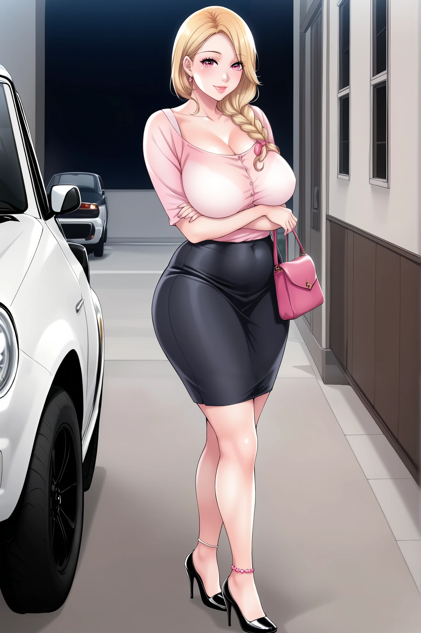 An extremely beautiful woman with blonde hair styled maturely. She has extremely fair white natural skin, big pink eyes, big plump candy-red glossy lips, medium breasts, and a perfectly voluptuous sexy tempting body. She's only wearing a pink off-shoulder top, a revealing sexy mini-short black skirt, feet anklets, and black heels. She's standing straight, smiling, arms crossed, carrying a purse, and a big jeep in the background. Show her full body.