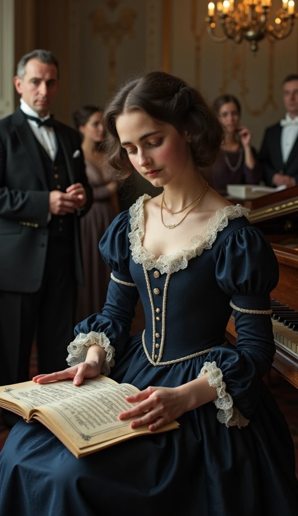 Jane Austen-inspired Regency era fashion, wearing an elegant empire waist gown with intricate embroidery, lace trim, and puffed sleeves, her hair styled in delicate ringlets adorned with a ribbon, standing in a grand Georgian drawing room filled with period furniture and a warm fireplace, holding a leather-bound book, with a serene and graceful expression, cinematic lighting, 8k, highly detailed, award-winning, trending on artstation, Zeiss lens