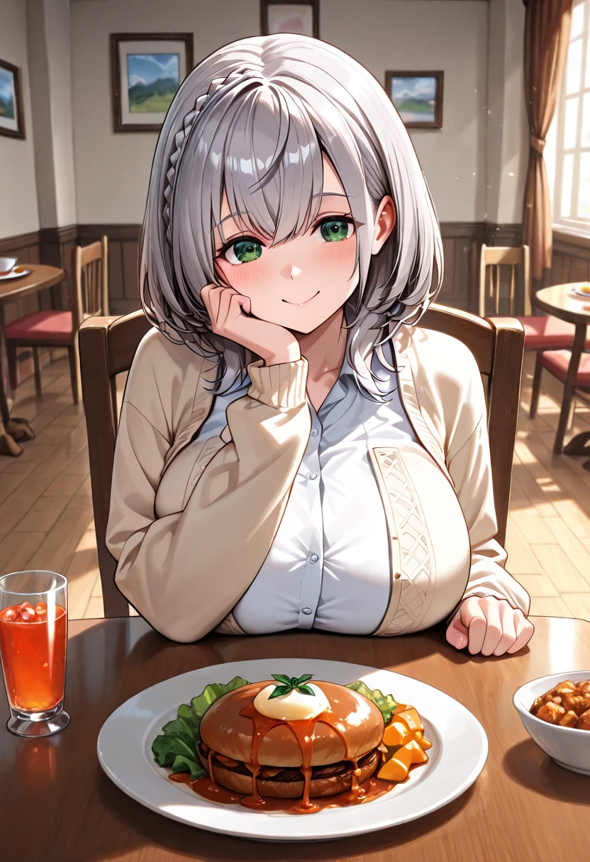 ((((1girl)))), solo, ((white apron)), grey shirt, black jeans, blonde hair, green eyes, holding, yanjitai, food, female focus, upper body , outdoors, cafe <lora:Yanjitai:0.8>