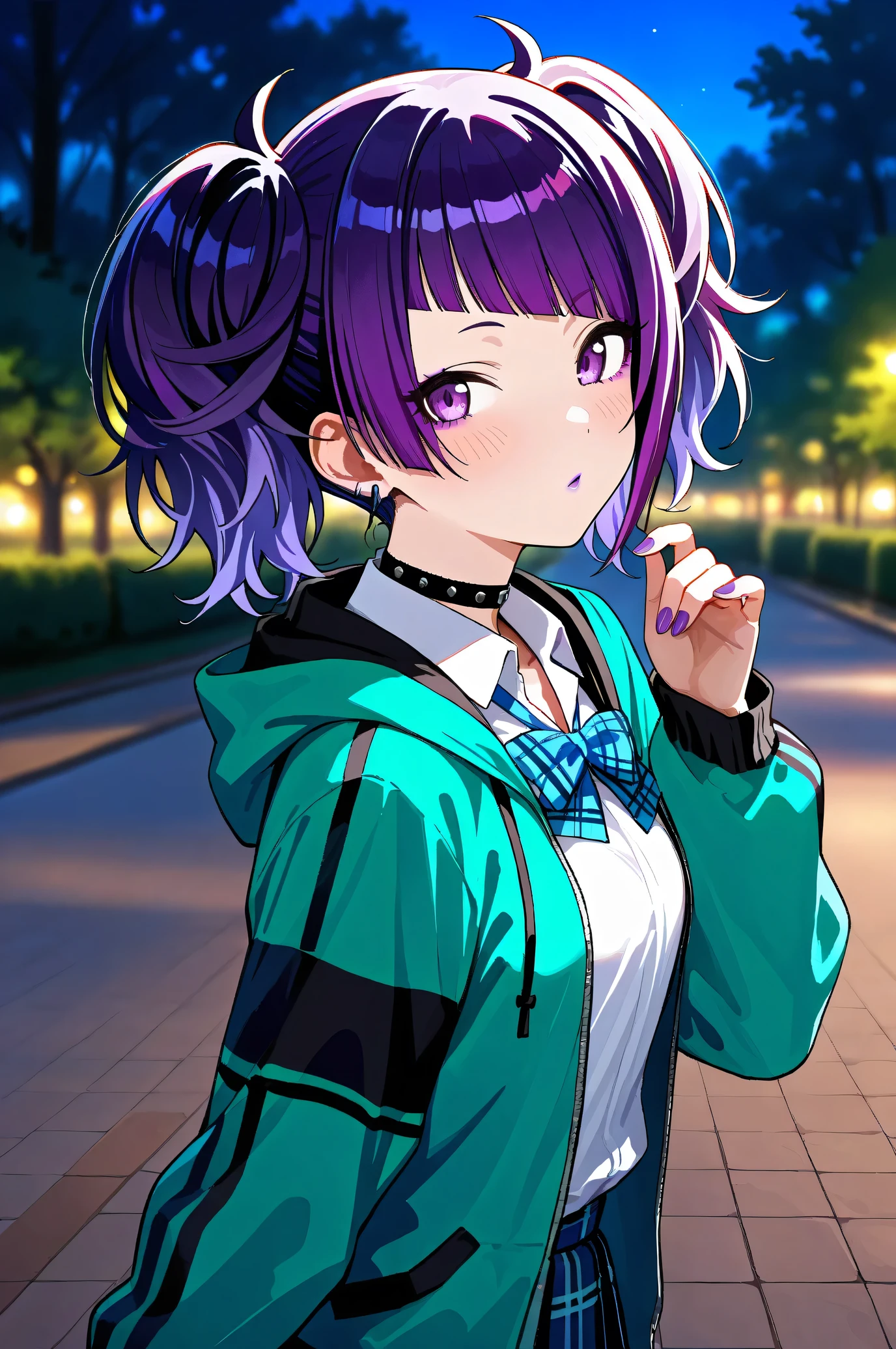 (Masterpiece:1.2), (Highest quality:1.1), (Very detailed),
(The best shape), (Best shadow), (Absurd),
(Detailed Background), (So beautiful), Shiny,
Beautiful eyes in every detail, Extraordinary, Countershading, 8k, 32K, High resolution,
Very Detailed CG, UHD,
Score_9, Score_8_up, Score_7_up, Source_anime,
(Pastel painting:1.2), (Watercolor painting:1.2),
(Masterpiece, Detailed:1.2), (Foreshortening:1.2),
Cinematic, Dramatic, (Depth of field:1.4),
(Blurry background:1.4), (Realistic background:1.4),
1 girl, Solo, Dynamic angle,
Nature, Park, Night,
Tanaka Mamimi,
the idolmaster shiny colors,
tnkmmm, purple hair, short twintails, blunt bangs, diagonal bangs, purple eyes, medium breasts, small breasts,
(School uniform:1.3),
Open hoodie, Green hoodie, Solid hoodie,
Collared shirt, Long sleeve shirt, White shirt,
Indigo ribbon, Butterfly ribbon,
Choker, Purple nail, (Purple lips:1.1),
(Blush:1.3),
Portrait, look back,
Focus on face,
Realistic skin,
Shiny skin,