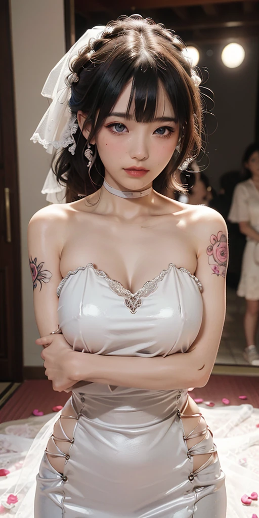 24 year old girl with pale skin and short hair, Straight black hair. big, dark eyes, With an intense and enigmatic look. Wear Orphan movie clothing styles, With a more elegant and sophisticated touch, Matching her mysterious and intense personality. Overall, Her appearance will be impressive, Attract curious and intriguing looks. flat-chest, Cinematic lighting, chromatic abberation, Backlighting, masutepiece, high details, High quality, 4K, big boobs, nsfw, big butt, perfect woman body shaped.
