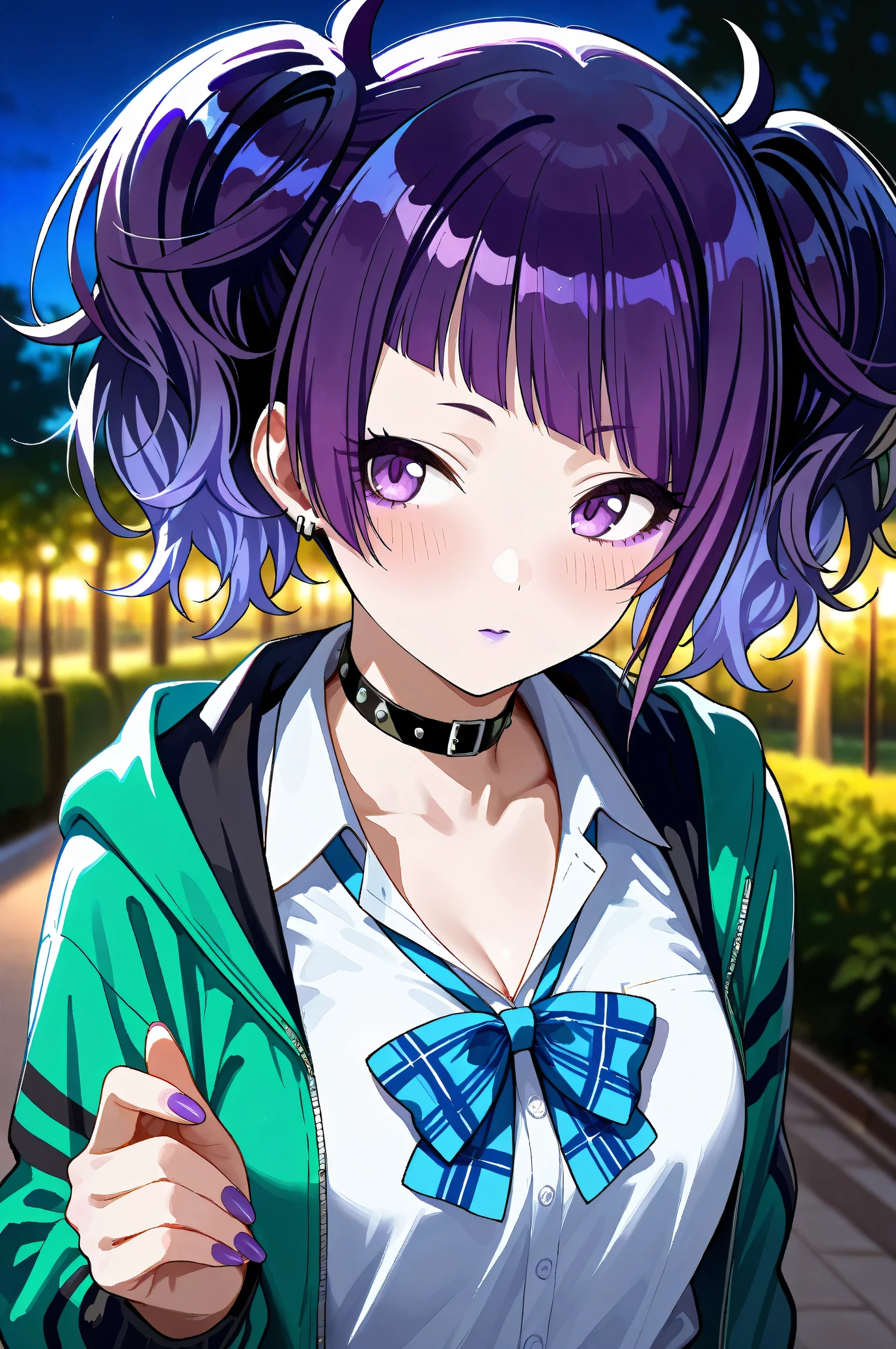 (Masterpiece:1.2), (Highest quality:1.1), (Very detailed),
(The best shape), (Best shadow), (Absurd),
(Detailed Background), (So beautiful), Shiny,
Beautiful eyes in every detail, Extraordinary, Countershading, 8k, 32K, High resolution,
Very Detailed CG, UHD,
Score_9, Score_8_up, Score_7_up, Source_anime,
(Pastel painting:1.2), (Watercolor painting:1.2),
(Masterpiece, Detailed:1.2), (Foreshortening:1.2),
Cinematic, Dramatic, (Depth of field:1.4),
(Blurry background:1.4), (Realistic background:1.4),
1 girl, Solo, Dynamic angle,
Nature, Park, Night,
Tanaka Mamimi,
the idolmaster shiny colors,
tnkmmm, purple hair, short twintails, blunt bangs, diagonal bangs, purple eyes, medium breasts, small breasts,
(School uniform:1.3),
Open hoodie, Green hoodie, Solid hoodie,
Collared shirt, Long sleeve shirt, White shirt,
Indigo ribbon, Butterfly ribbon,
Choker, Purple nail, (Purple lips:1.1),
(Blush:1.3),
Portrait, look back,
Focus on face,
Realistic skin,
Shiny skin,