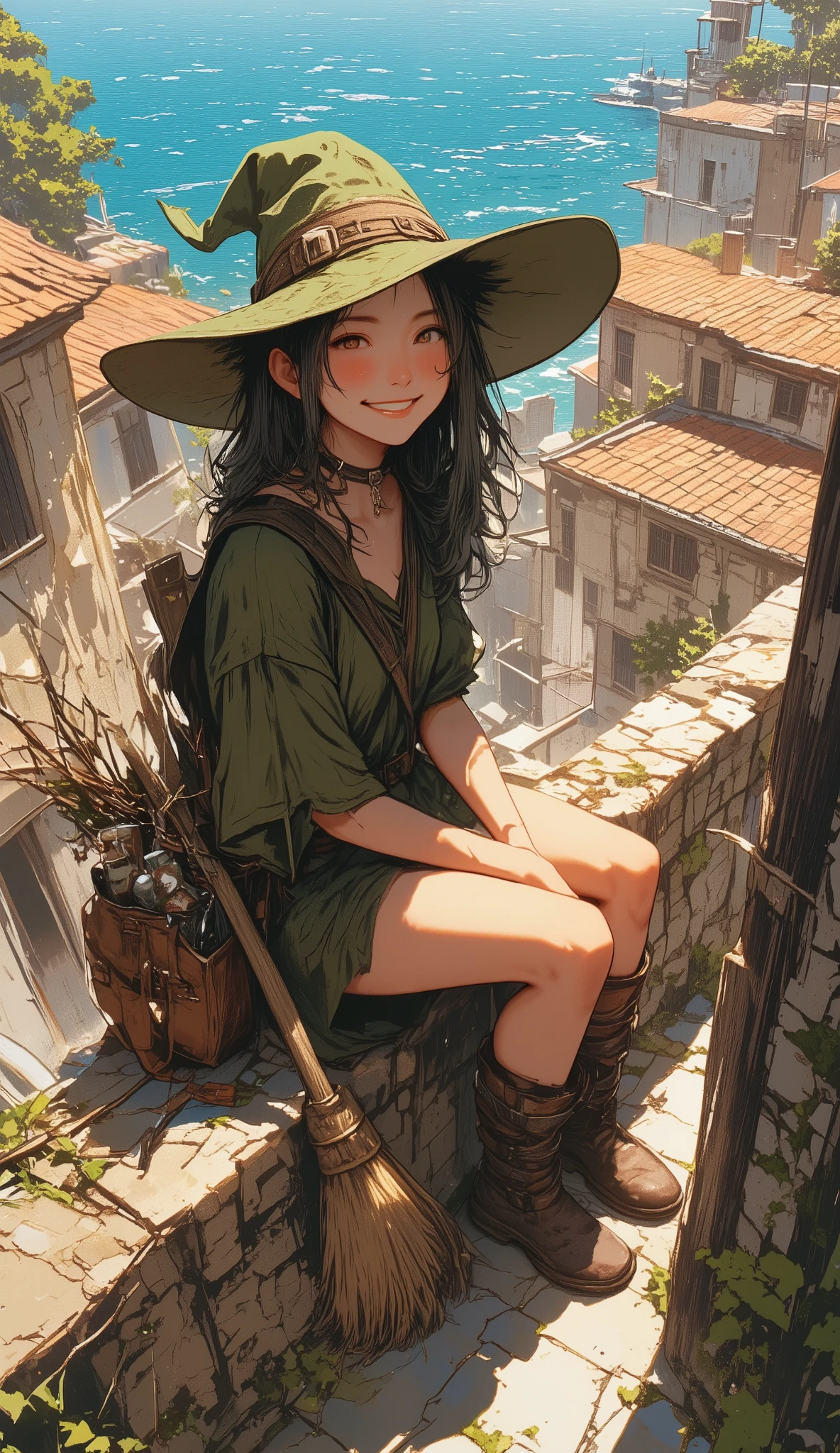 A young witch sitting on the edge of a sunlit stone wall in a Mediterranean village, captured from a dynamic high-angle perspective. The camera should be positioned above her, looking down at an angle to emphasize the depth of the narrow streets below. She is smiling warmly, her face partially illuminated by sunlight. She wears a rustic green tunic, brown leather boots with straps, and a wide-brimmed, slightly worn witch hat. A broom with wild twigs rests beside her, and a leather satchel filled with potion bottles and magical trinkets hangs from her side. The background features terracotta-roofed houses, white-washed walls, and the shimmering blue sea in the distance. The warm afternoon light creates rich contrasts, with soft shadows and glowing highlights enhancing the cozy, peaceful atmosphere. The art style should feature detailed textures, painterly brushstrokes, and a balance of warm earthy tones and cool blue hues.