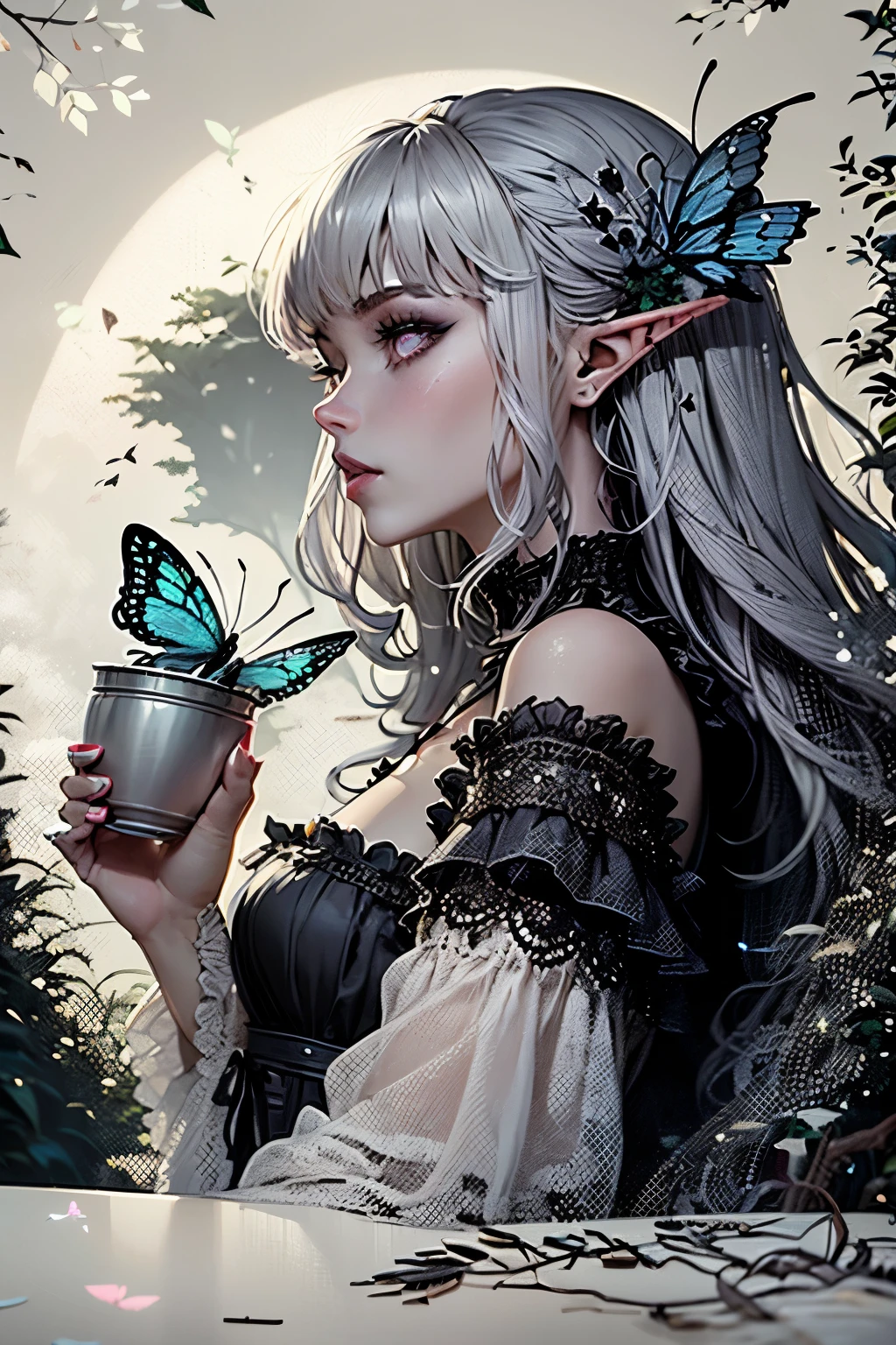 (Ultra-detailed face, Looking away, Gothic Illustration, Dark tone colors.), BREAK
(In a bright forest where the sun shines. Lunch time. Fantastic. Mysterious. Elegant.), BREAK
(A mysterious dark elf woman is pouring syrup in a small pot over pancakes on the table. A large, brightly colored, shiny blue butterfly is perched on the edge of the pancake.), BREAK
(She has gray hair, gray eyebrows, blunt bangs, shoulder-length hair, small pink lips, lavender eyes, dark gray skin, and eye makeup with a butterfly motif.), (She wears a blue gradient nightdress draped in frugal linen.)