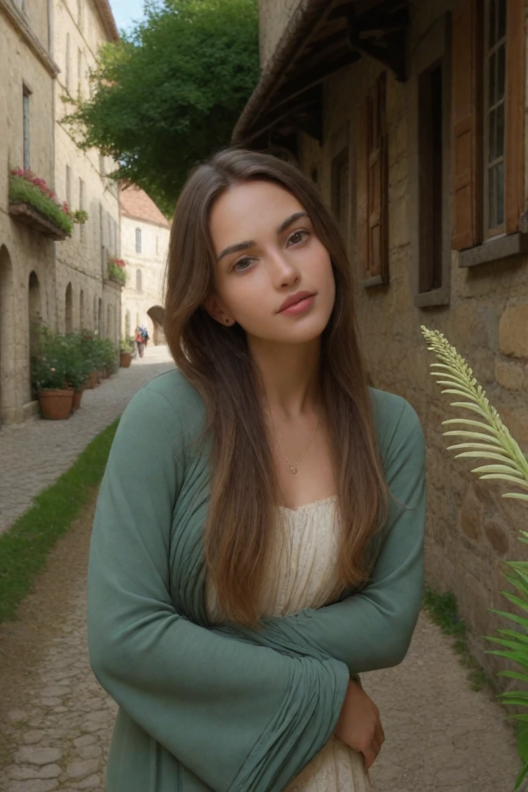 20 year old brunette, chemise verte foncée, Medium to large breasts, Without neckline, dehors, from front shot, castle