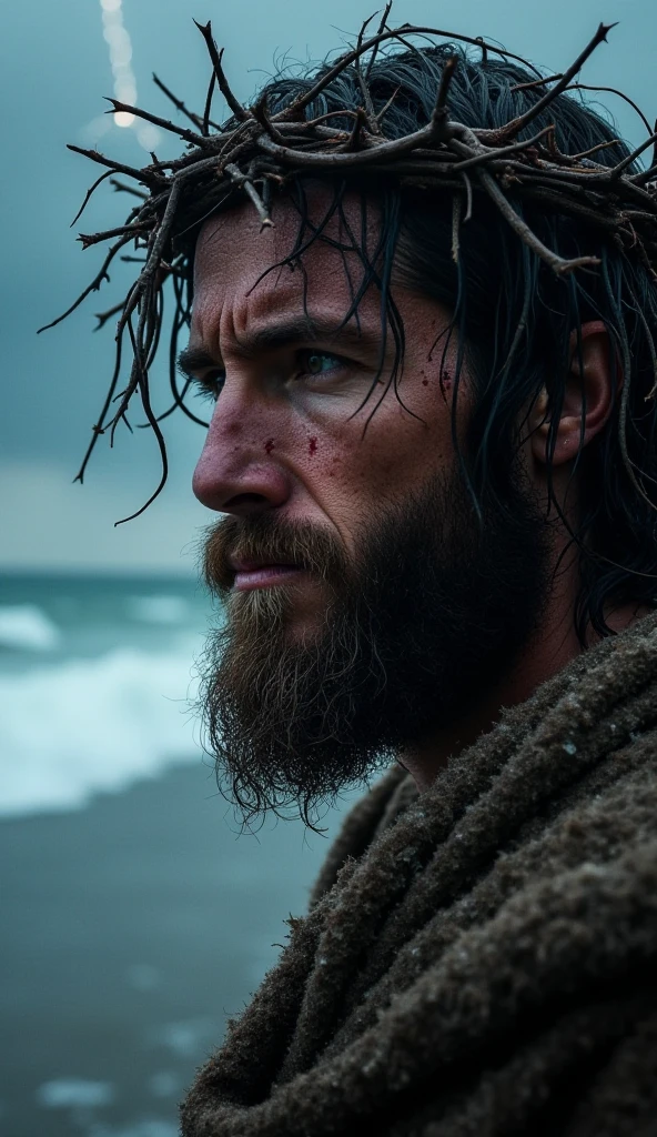 O deus do mar Poseidon com barbar longa e cabelo longo sem camisa chegando em uma ilha com moradores em desespero, begging for help due to devastating drought