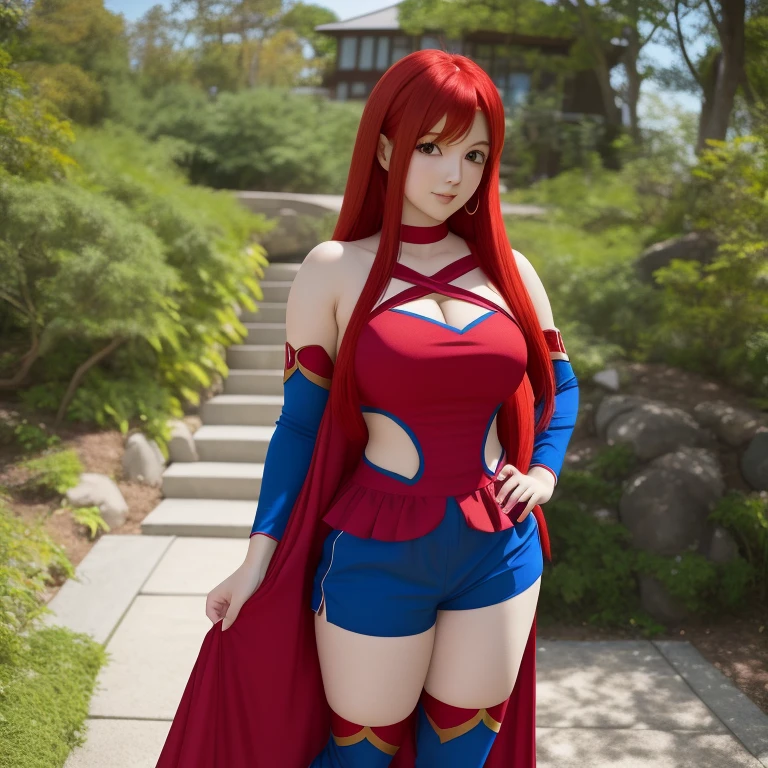 Full body, beatiful eyes, blush, cute face, realistic, 8k, best quality, masterpiece, (1 cute woman, solo: 1.1), very big breasts, long red hair, red crop top, red skirt, red gloves, red heel boots, naked shoulders