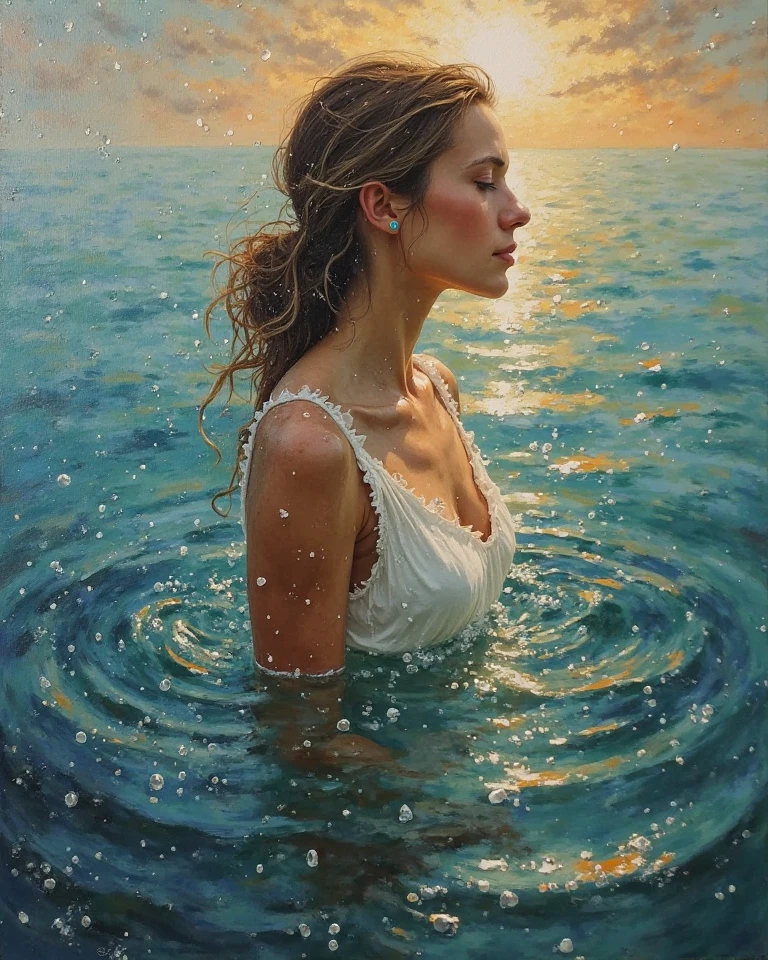 samdoesart, painting of anjelina jolie with a white shirt in the water, inspirado em samdoesart, Retrato cartoon em um rio, molhada