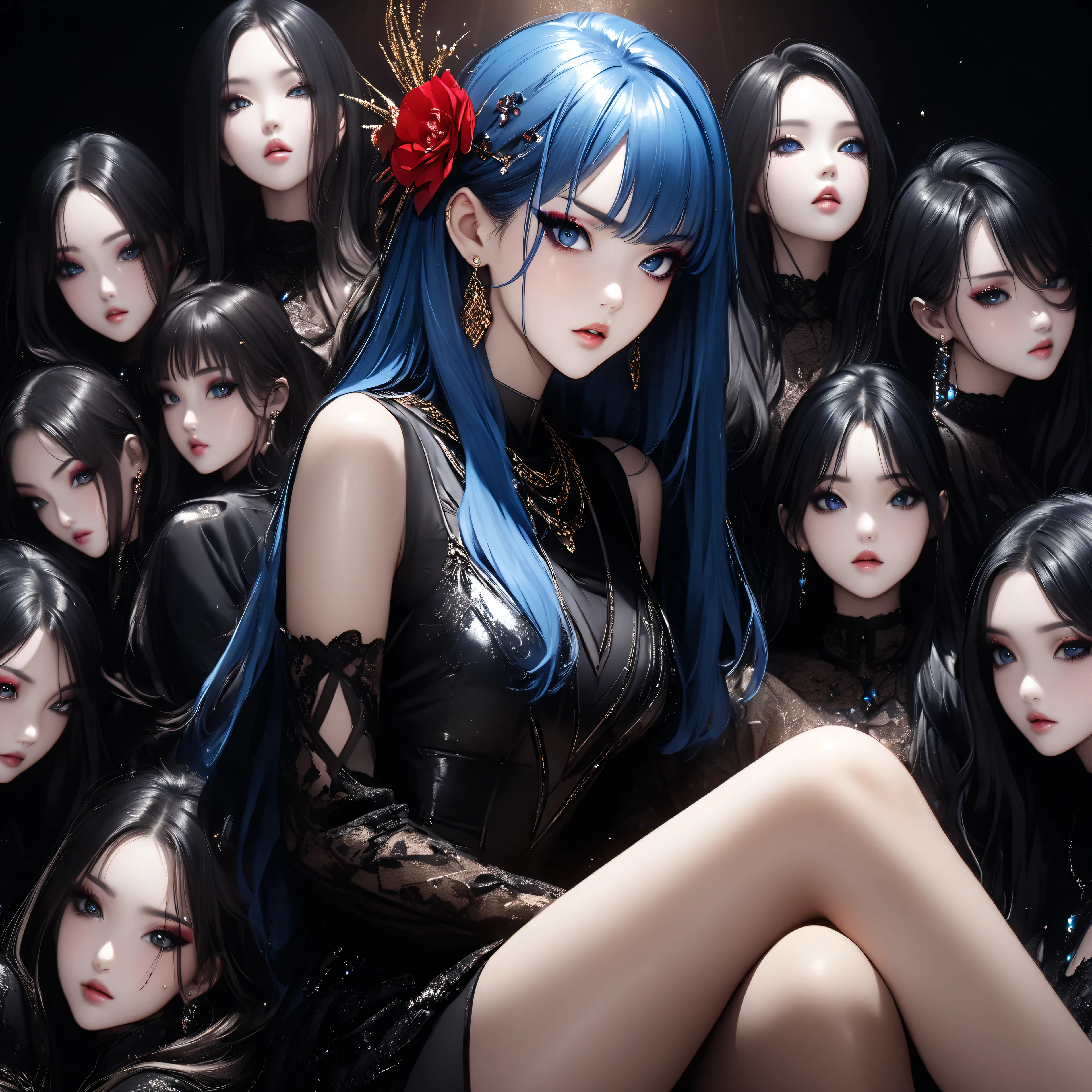 best quality、 ultra-precise depiction、 bright colors、beautiful oriental woman 、aldult、fashion photo、artistic、Oil Wind、One person、up、portrait、40 years old、tall、long legs、 accurate facial depiction、 Darkness、spotlight、 Kasumi、Blackout、metal bed、Black Bikini Armor、レースup、Beautiful big 、Blue Hair、straight hair、 skin radiance、 hair conceals face、pained expression、Sweating、Beautiful figure 、random suspect、Hitoye、Light、Half an eye、droopy eyes、Cut length、sharp eyes on wrists、stares、angry、 Tilt Your Head、hair ornament、heavy makeup、blue rouge、dark eyeliner、eyeshadow、Glitter on hair 、slender figure、metal chain、 Lots of Gems、jewel necklace 、ring、 bangle、earrings、headband